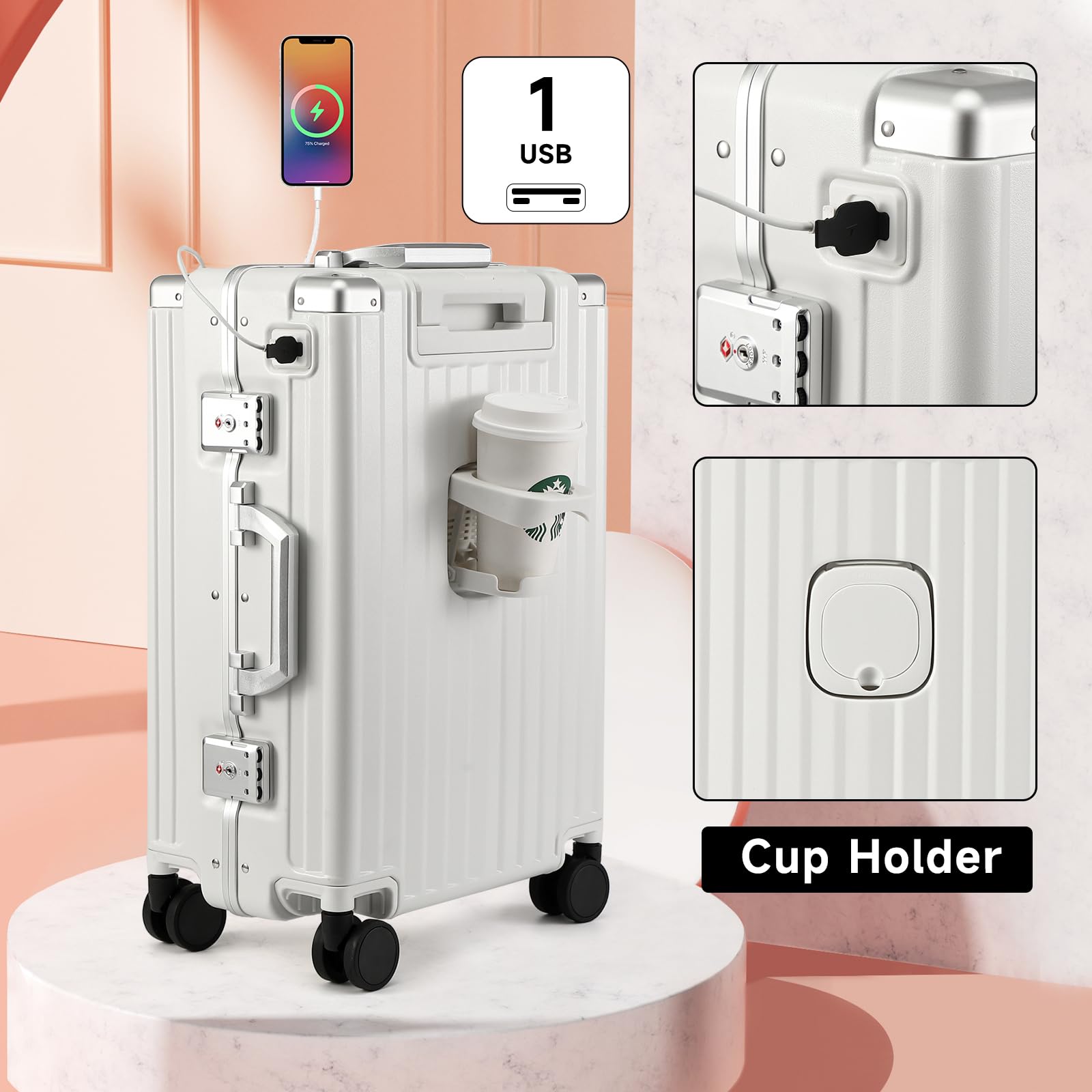 MYER 20 Inch Hard Shell Carry On Luggage - Airline Approved 22x14x9 Aluminum Suitcase with 3-Layer PC, Spinner Wheels, USB Charging Port & Cup Holder (Milky White) - Perfect for Business Travel, Weekend Getaways & Airplane Cabins