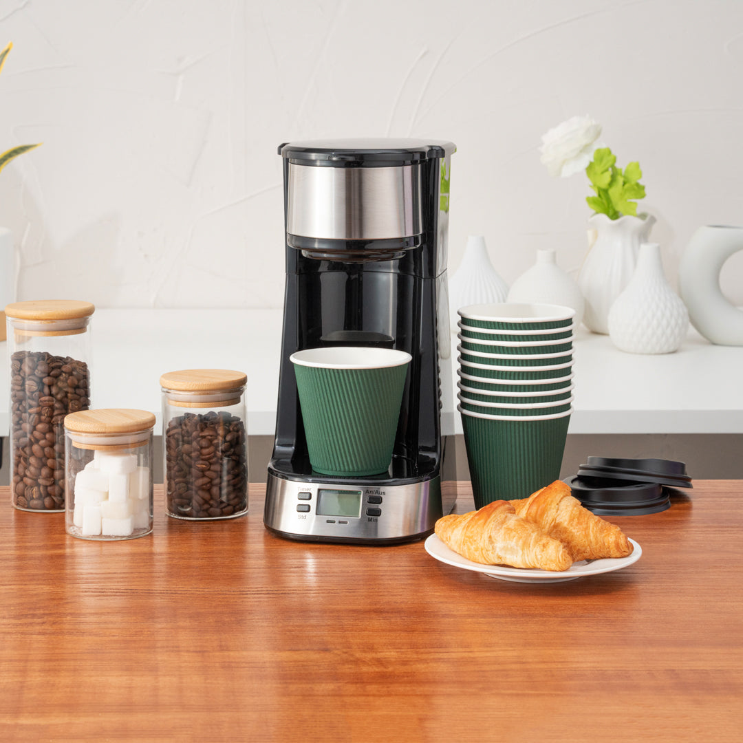 Eco-Friendly 8 oz Forest Green Ripple Wall Paper Coffee Cups with Black Lids - 3.5