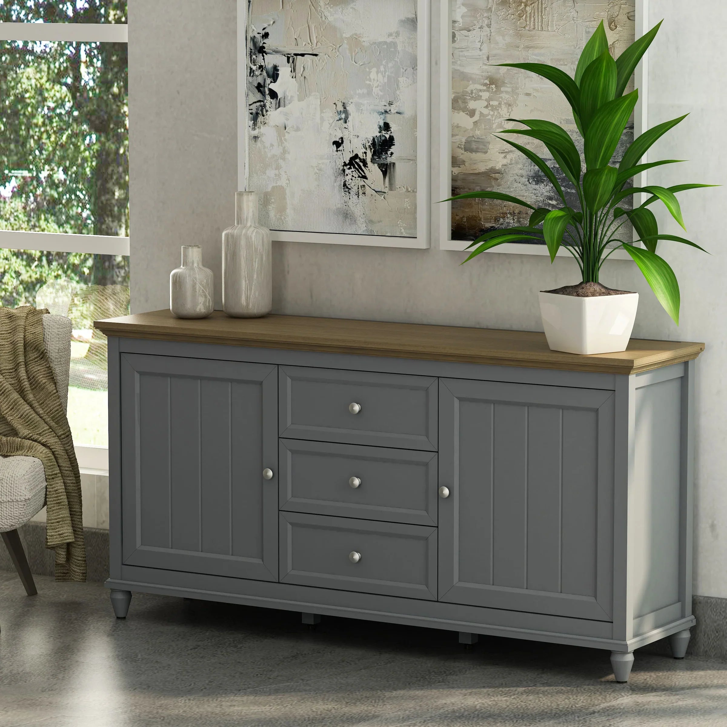 Anderson Teak Chenon Sideboard - Grey/Brown Finish - SB CG 6316 - Modern Buffet Cabinet for Dining Room & Living Room Storage