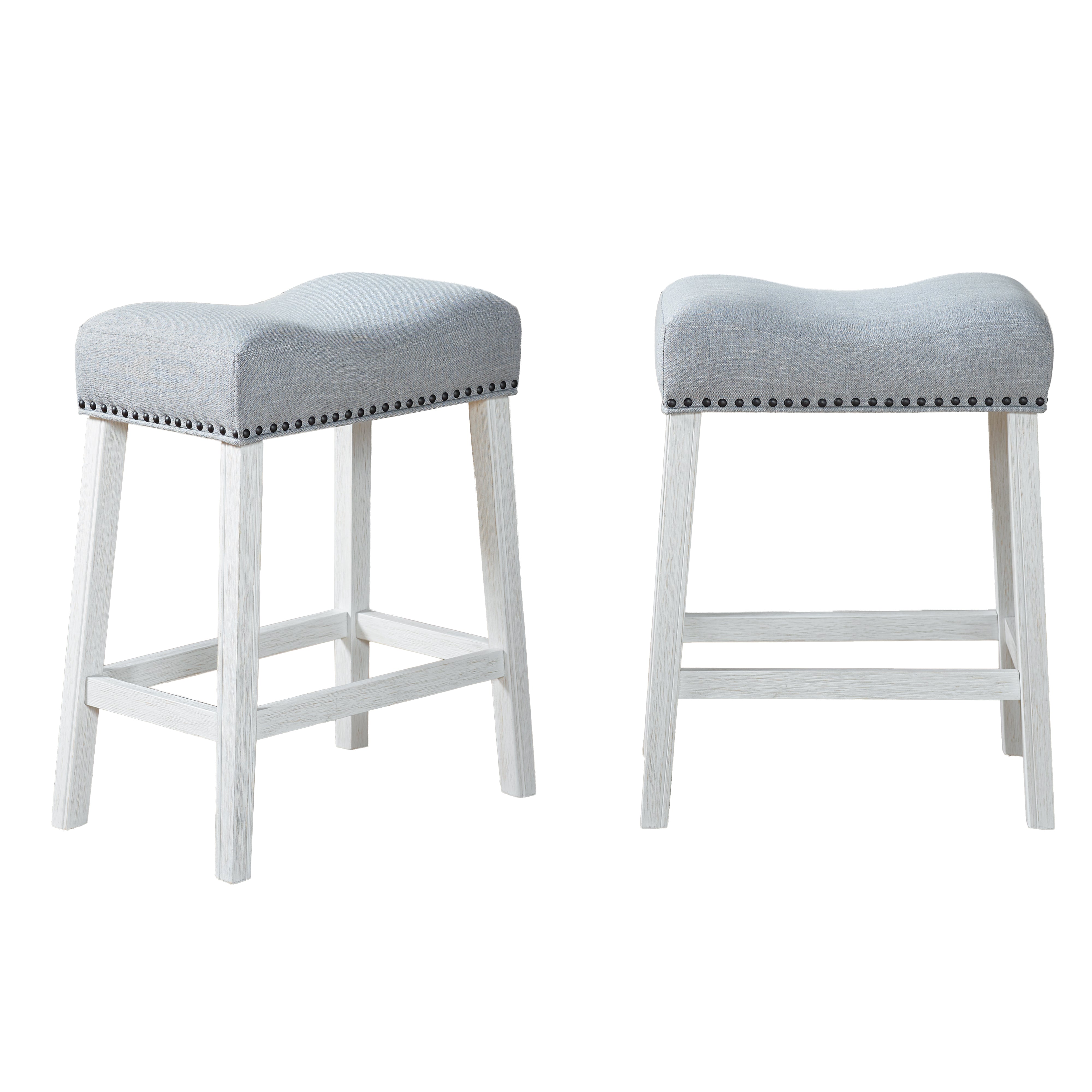 Roundhill Furniture CoCo Upholstered Counter Height Bar Stools - Set of 2, Gray Fabric with White Washed Finish, Saddle Seat - Perfect for Kitchen Islands, Breakfast Bars & Home Decor