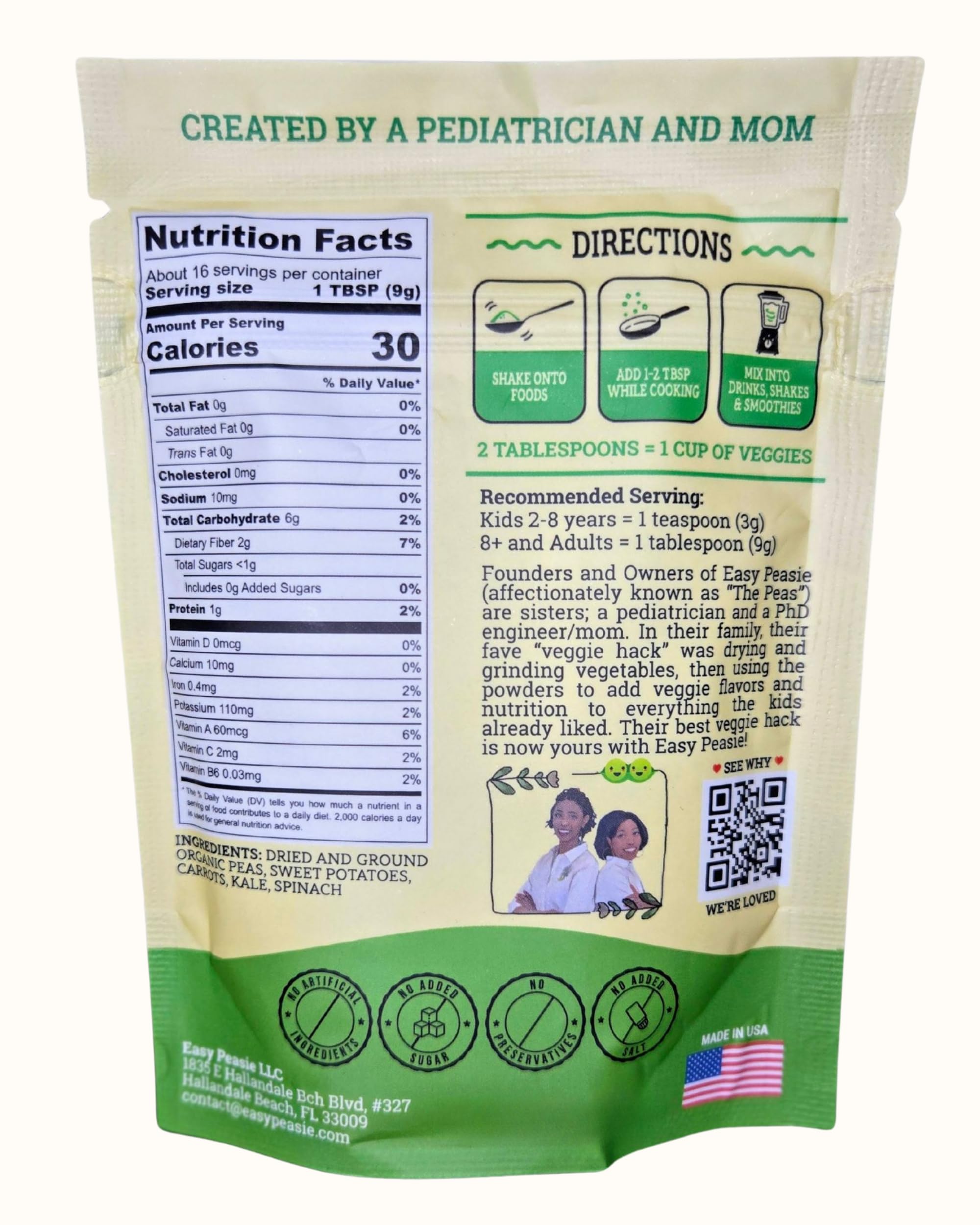 Organic Veggie Powder for Kids - Easy Peasie Greens Blend with Pea Protein, Spinach & Kale | Nutrient-Rich Vegetable Supplement for Picky Eaters (5oz Pouch) | Perfect for Smoothies, Baking & Healthy Snacks