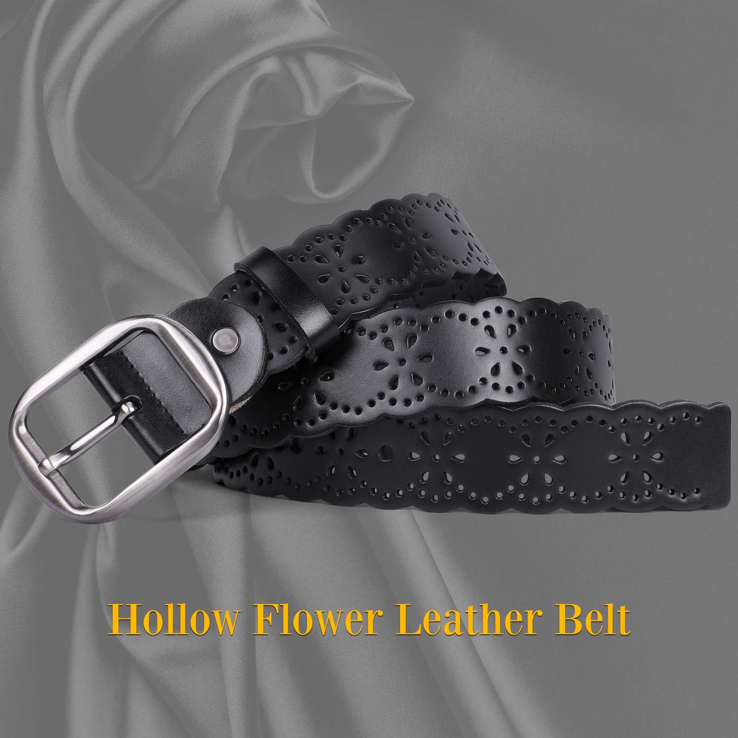 JASGOG Women's Hollow Flower Genuine Leather Belt - Stylish Wide Waist Belt for Jeans & Pants | Perfect for Casual Outfits, Office Wear & Everyday Fashion Accessories