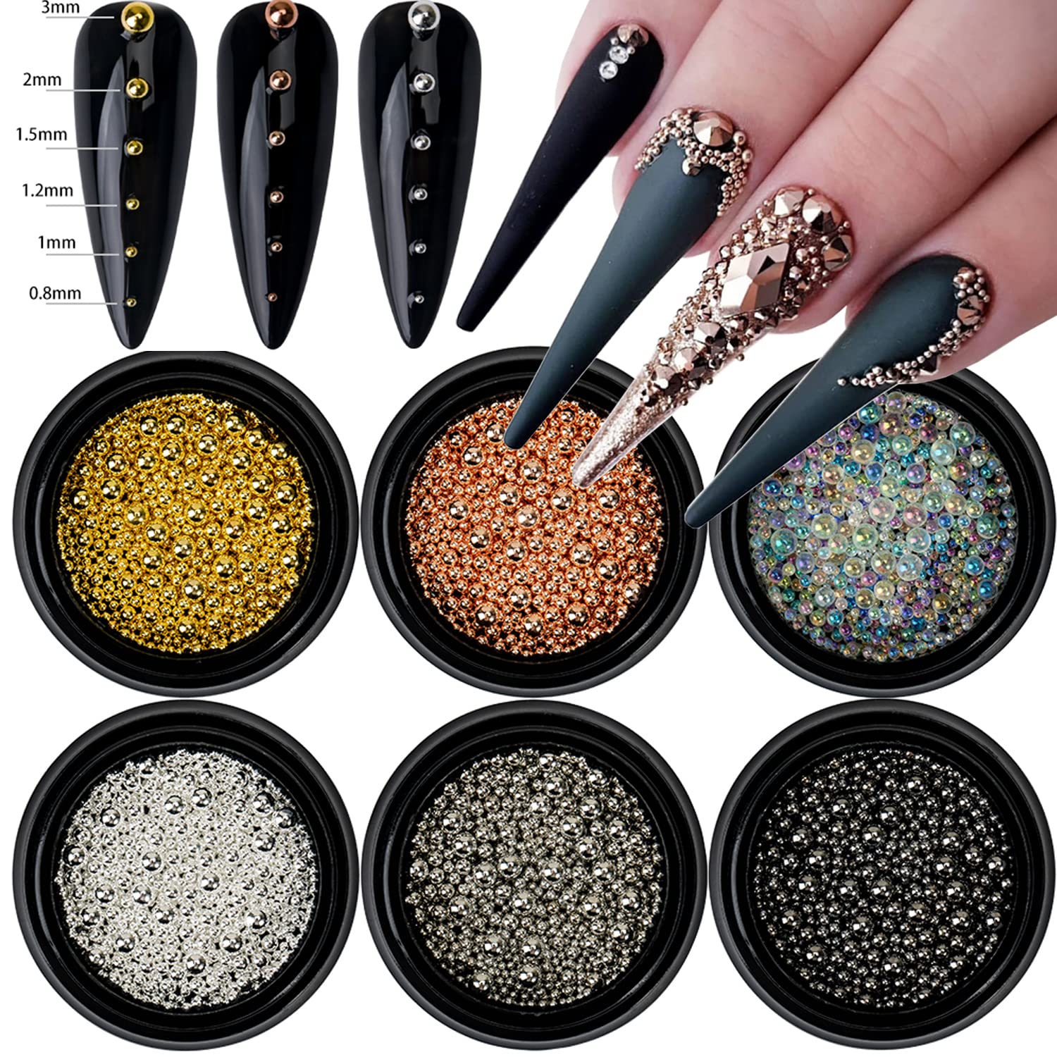 6 Boxes Nail Art Beads Kit - Gold Silver Rose Gold Metal Balls & Steel Caviar Beads for DIY Nail Design, Manicure, Crafts & Home Decoration | Perfect for Professional Salons, Bridal Nails & Gift Making