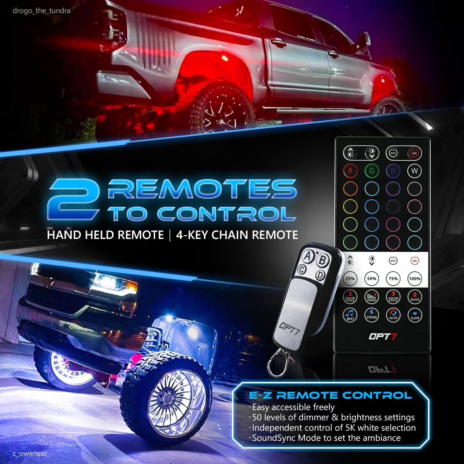 OPT7 Quantum RGBW LED Rock Lights with Remote Control - 4 Pods Wide Angle Multicolor Neon Underglow Lighting Kit with Extension Wire, IP68 Waterproof for Offroad Vehicles, Trucks, Jeeps, RZR, ATV, UTV, SUV - Perfect for Night Off-Roading, Car Shows & Custom Vehicle Lighting