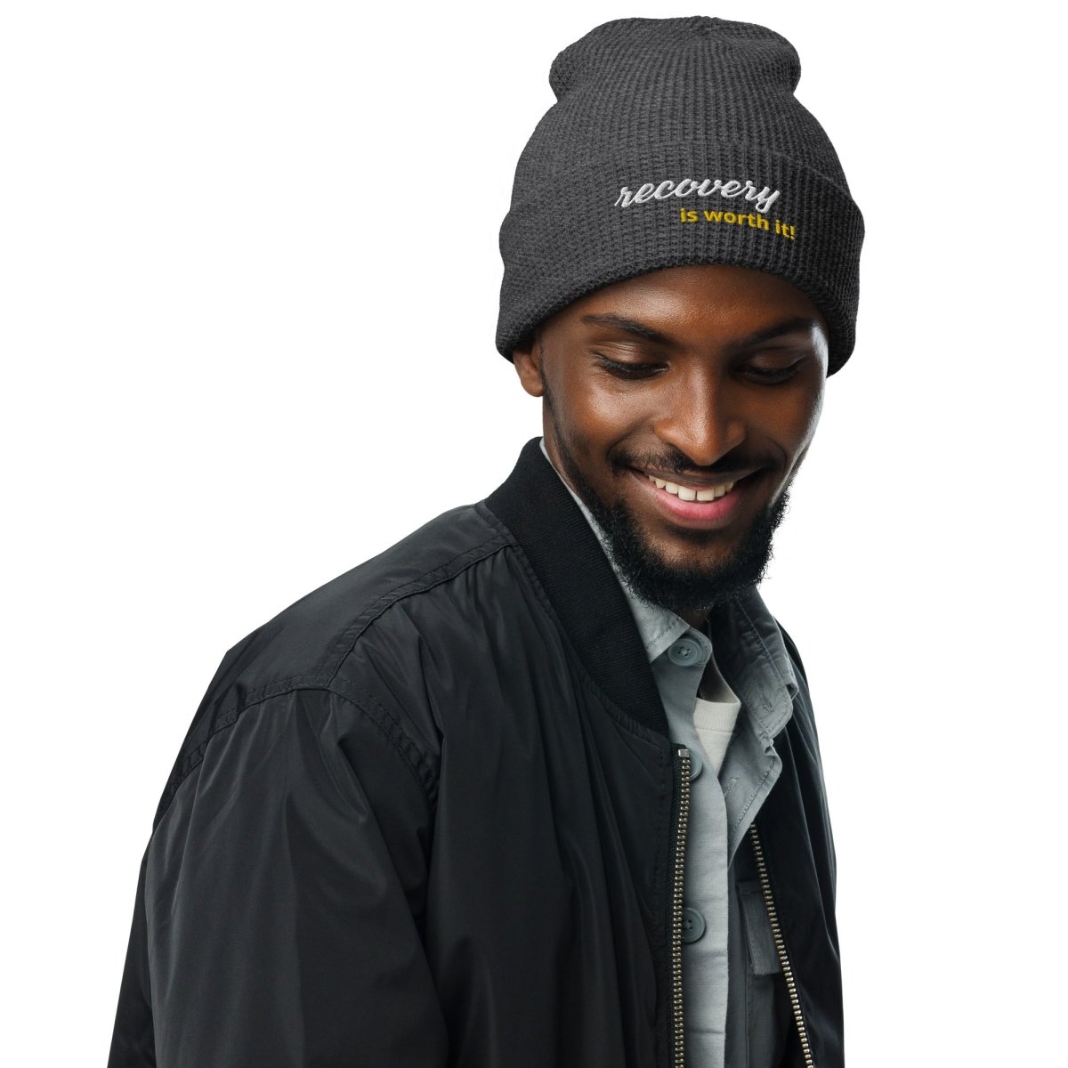 Recovery Is Worth It Embroidered Waffle Beanie - Soft Winter Knit Hat for Men & Women - Perfect for Cold Weather, Outdoor Activities & Addiction Recovery Support