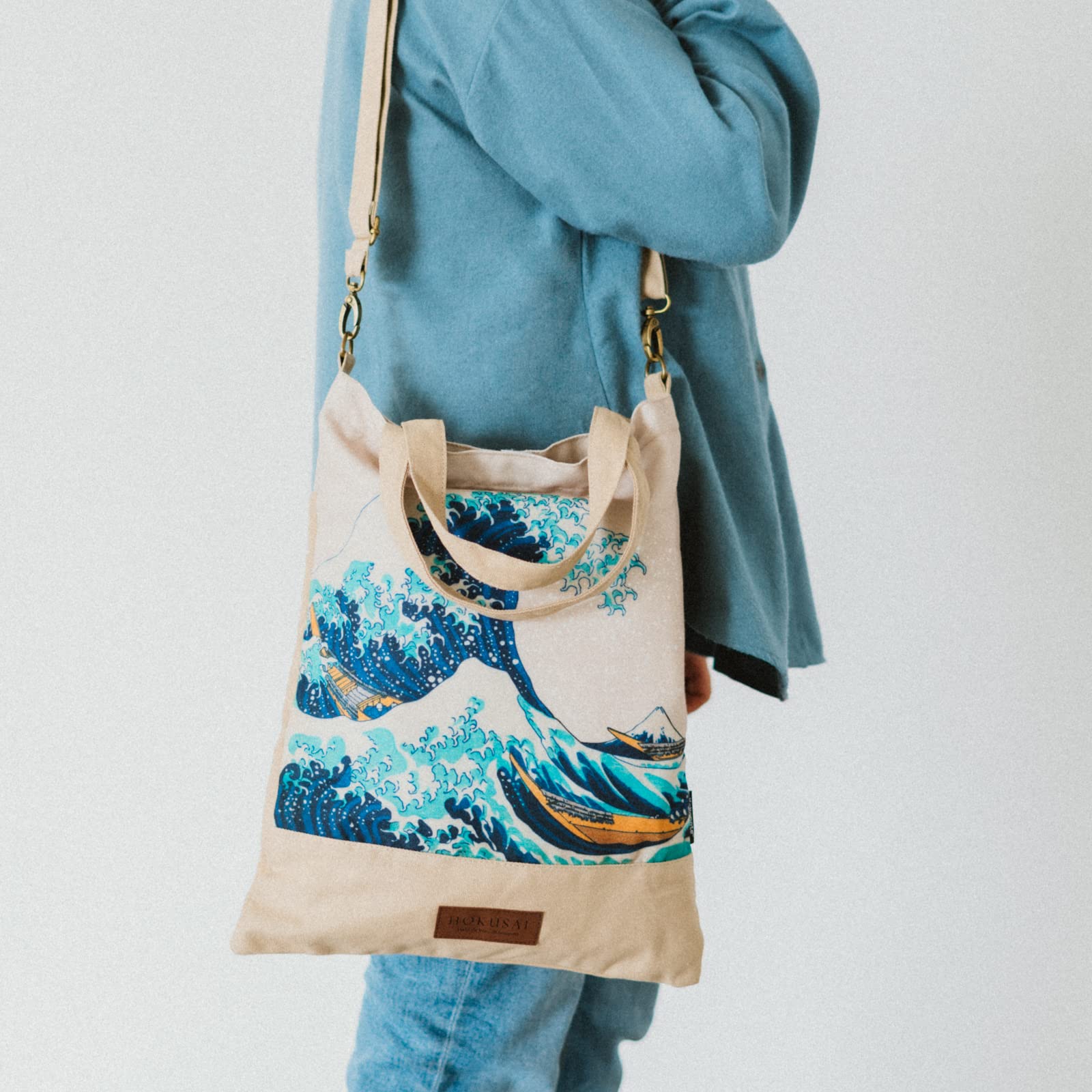 The Great Wave of Kanagawa Tote Bag - 100% Cotton Shopper Bag with Handles & Shoulder Strap (34x42cm) | Hokusai Wave Design, University Tote, Women's Fashion Bag - Perfect for Beach, Shopping & Daily Use