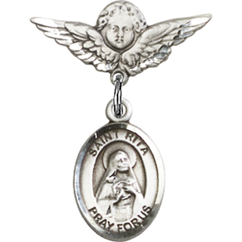 Sterling Silver Baby Badge with St. Rita & Baseball Charm - Angel Wing Pin (7/8