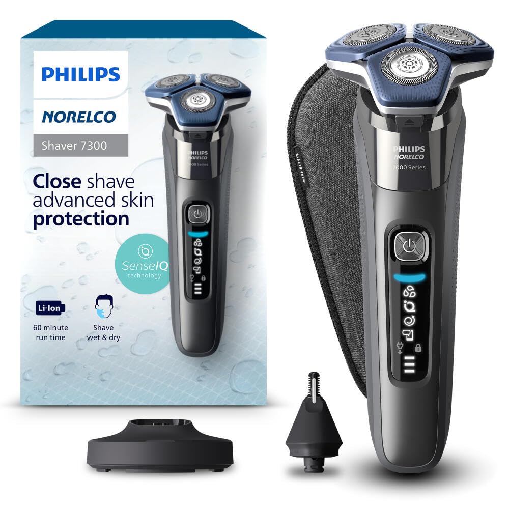 Philips Norelco Shaver 7300 Rechargeable Electric Razor for Men - Wet & Dry Shaving with SenseIQ Technology, Pop-up Beard Trimmer, Charging Stand & Travel Case - Best for Home, Travel & Daily Grooming (Model S7887/92)