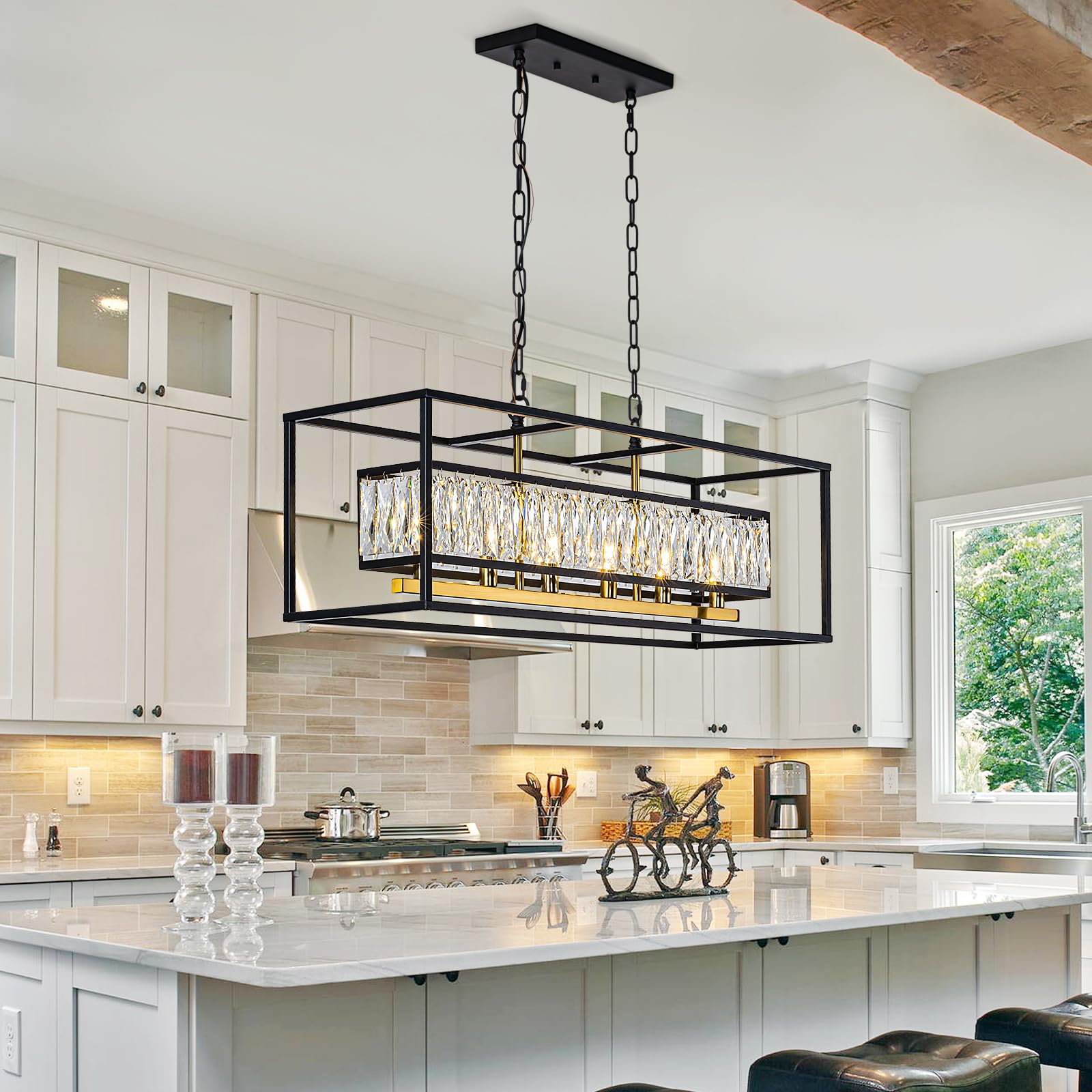 Luxury Black Gold Modern Crystal Chandelier - 6-Light Rectangular Linear Pendant Light Fixture for Dining Room, Living Room, Kitchen Island - Elegant Lighting for Home Decor & Interior Design