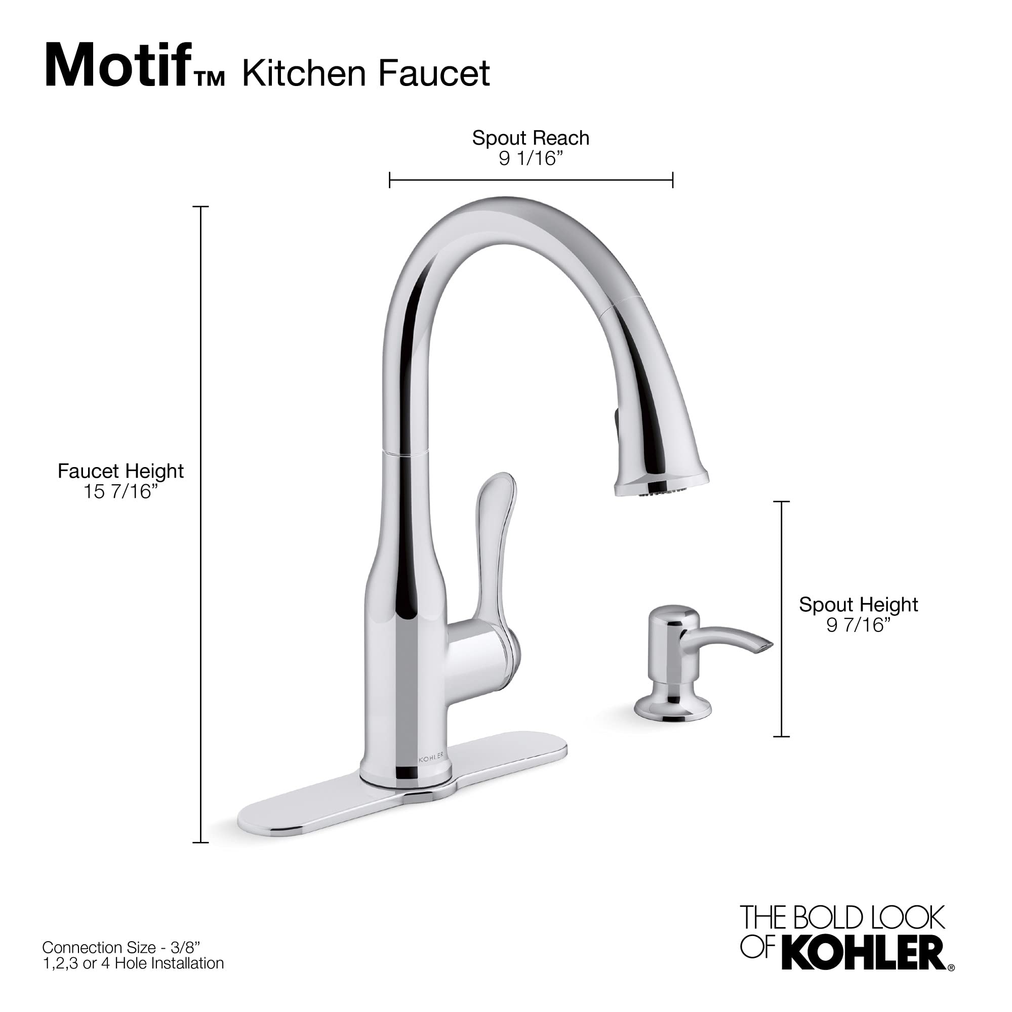 KOHLER K-REC23863-SD-CP Motif Pull Down Sprayer Kitchen Faucet with Soap Dispenser, Polished Chrome, Ideal for Modern and Traditional Kitchen Sinks