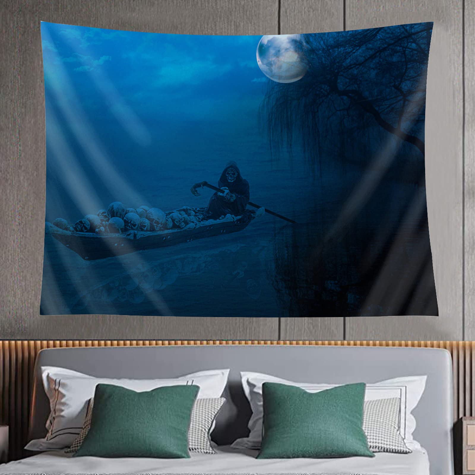Skulls on the Lake Night Tapestry - Gothic Horror Wall Art Decor for Bedroom, Living Room & Home - Perfect for Halloween, Dark Aesthetic Rooms & Spooky Themed Parties