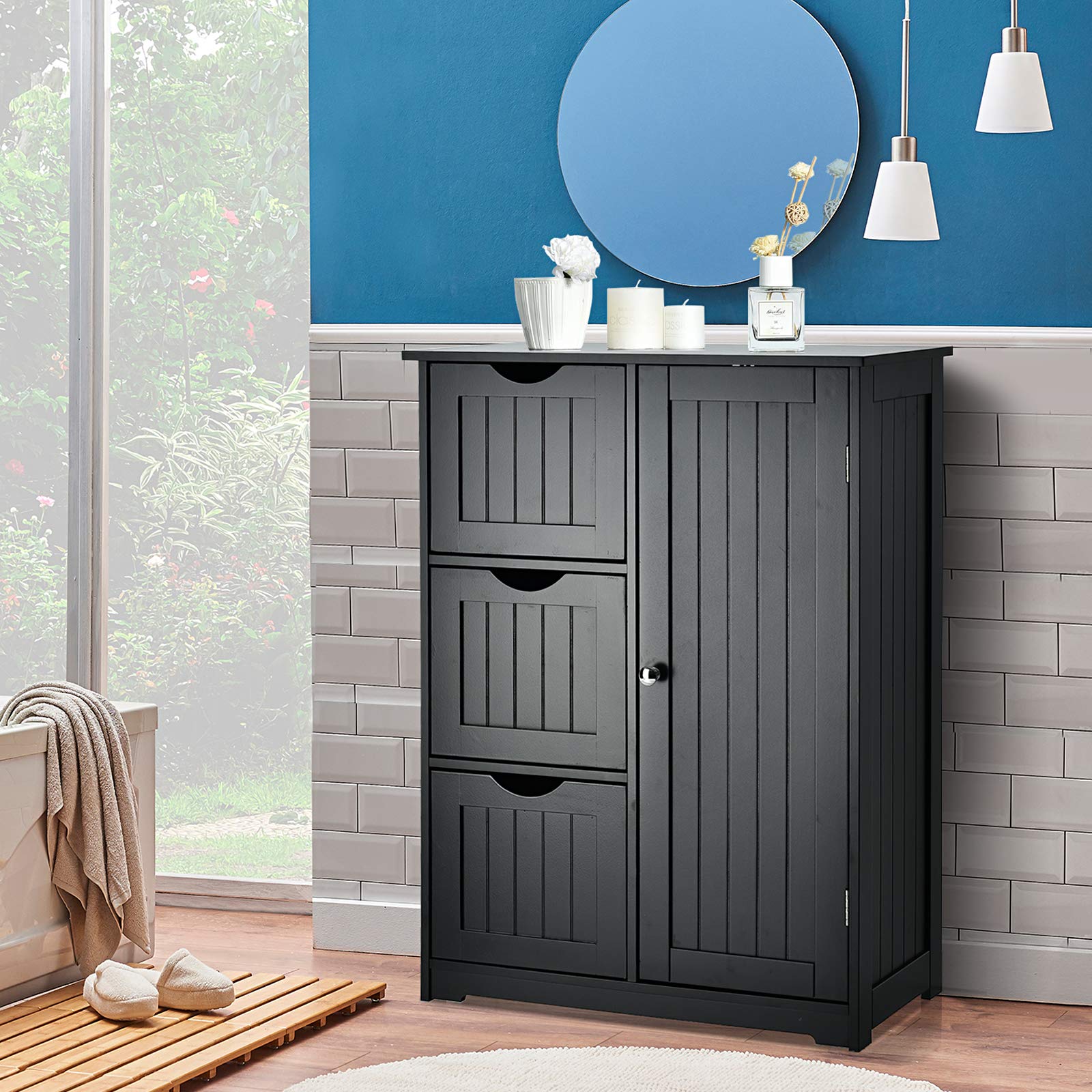Giantex Wooden Bathroom Storage Cabinet with 1 Door & 3 Drawers - Freestanding Floor Cabinet for Bathroom, Entryway, or Bedroom - Space Saving Organizer for Towels, Toiletries & Home Essentials