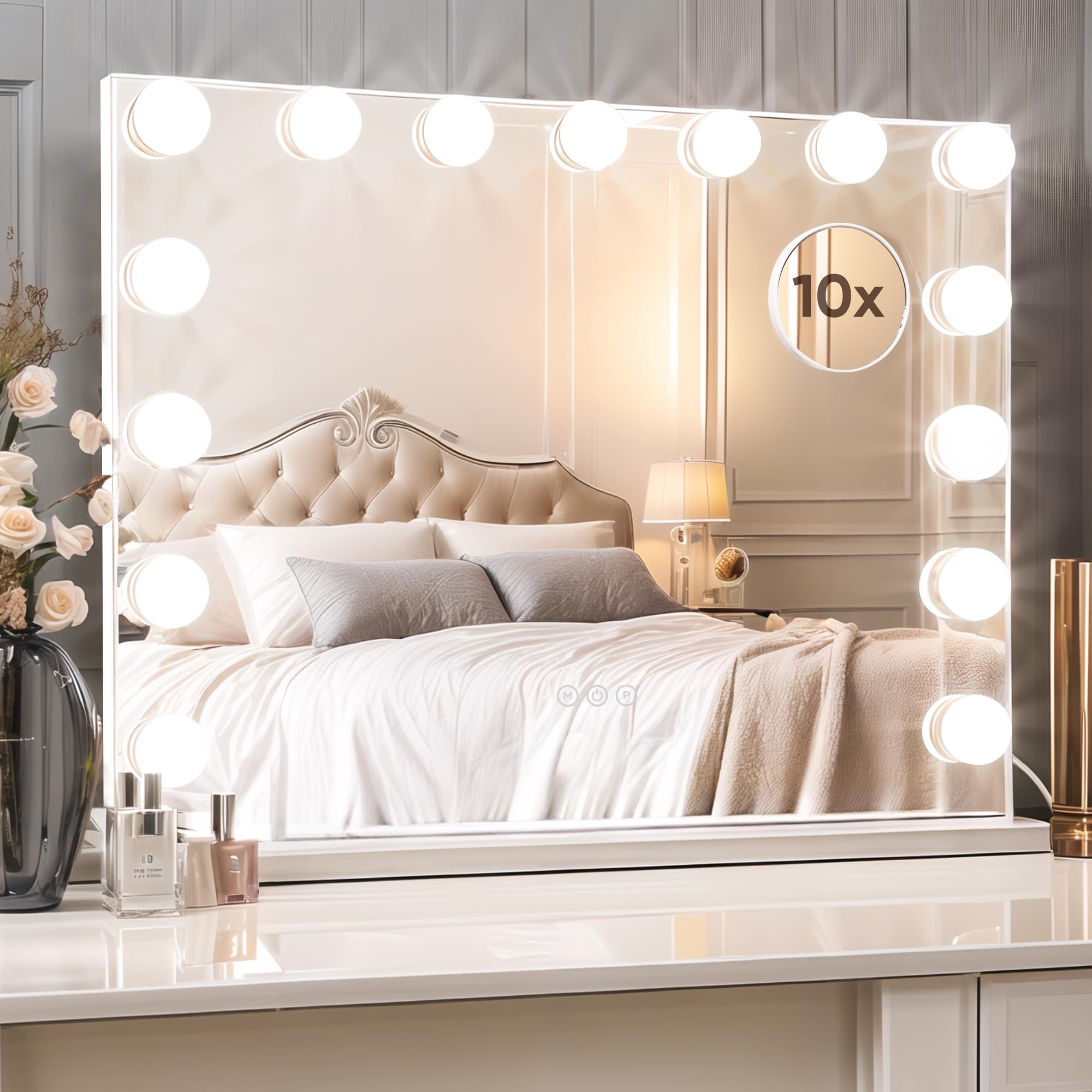 Suidia 15 LED Lighted Vanity Mirror with Dimmable Touch Control, 3 Color Lighting & USB Power - 22.8 x 18.1 Inch White Makeup Mirror for Bedroom, Bathroom & Dressing Room