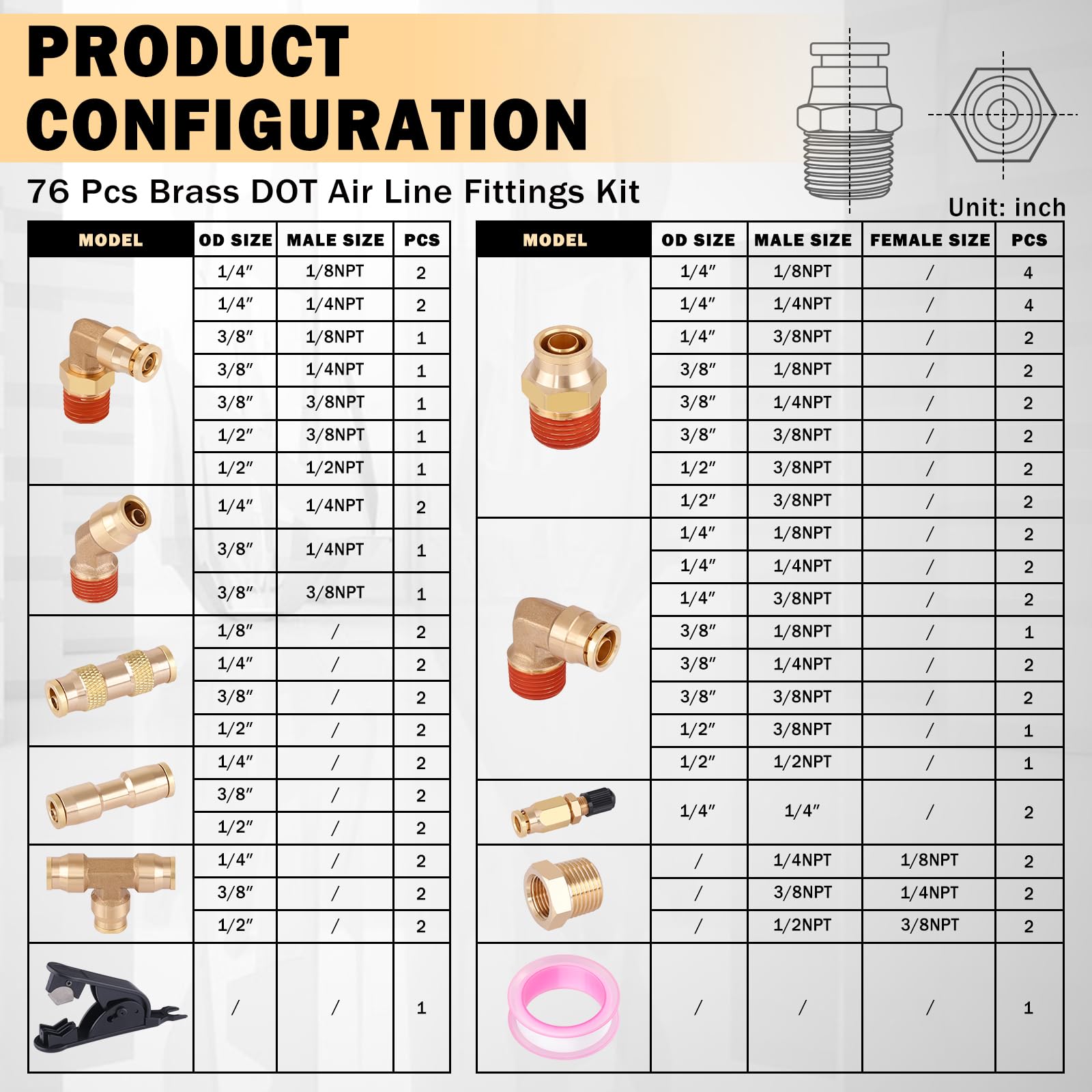 CheeMuii 76 Pcs Brass DOT Air Line Fittings Kit - Push Lock & Quick Connect Air Hose Fittings with NPT Thread - Compatible with Pneumatic Tubing for Air Compressors, HVAC Systems & Industrial Applications