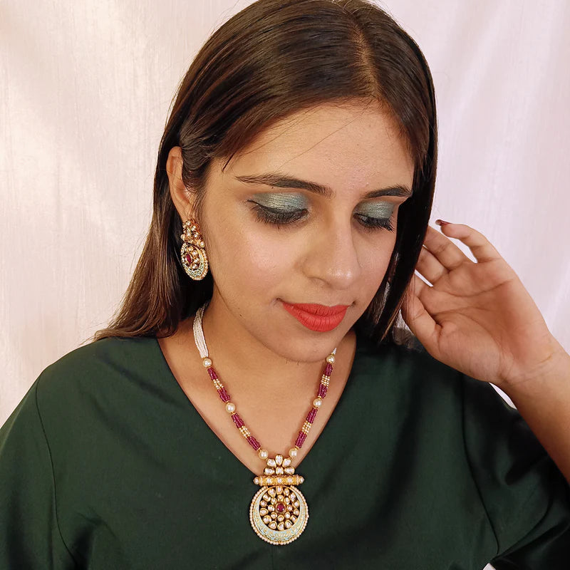 Luxury Gold Plated Royal Kundan Ruby Beads Pendant Necklace Set (D437) - Perfect for Weddings, Parties & Special Occasions