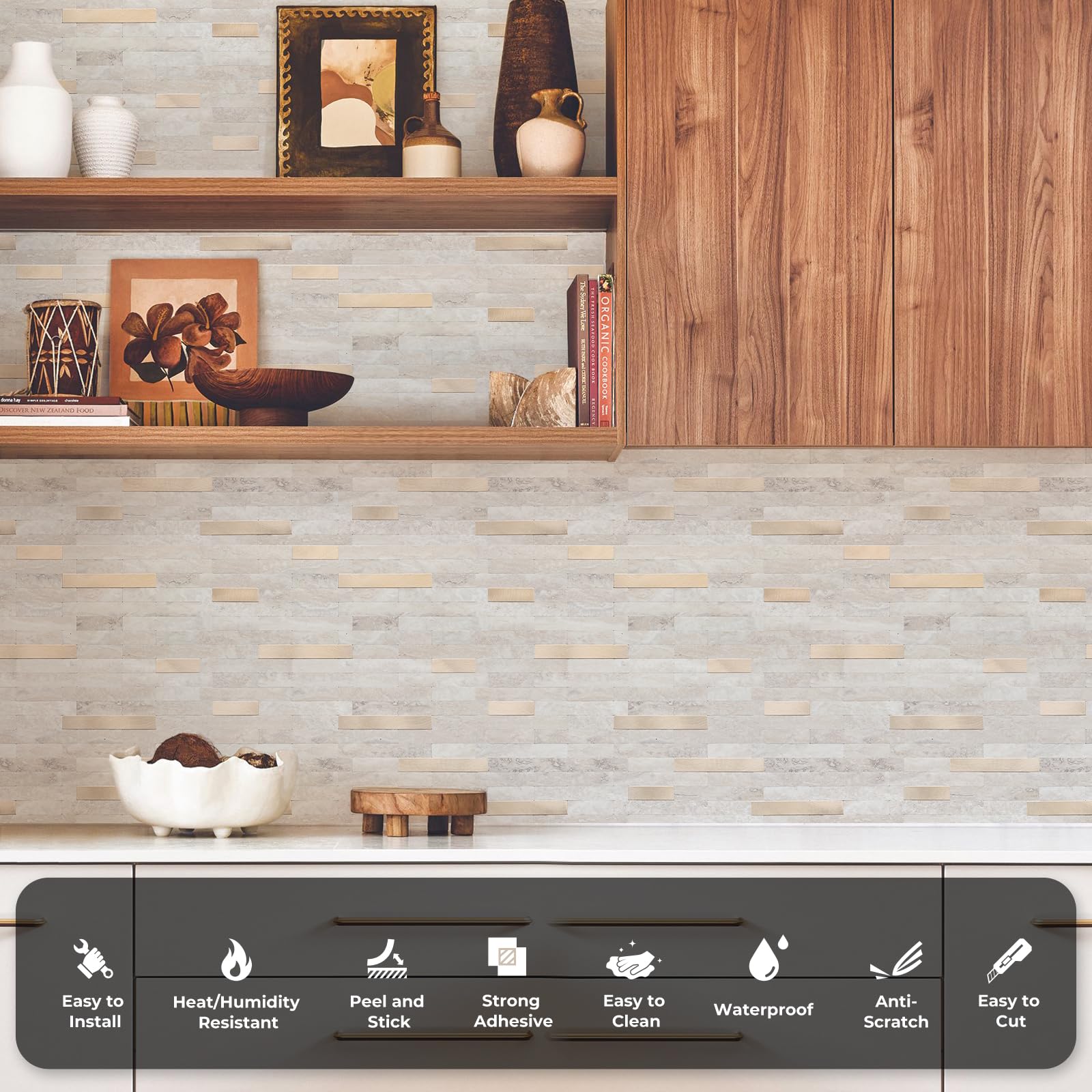 STICKGOO Peel and Stick Backsplash Tiles - 10 Pack Beige with Gold Metallic Finish - Self-Adhesive PVC Kitchen Wall Tile Backsplash - Easy DIY Installation for Kitchen, Bathroom & Laundry Room