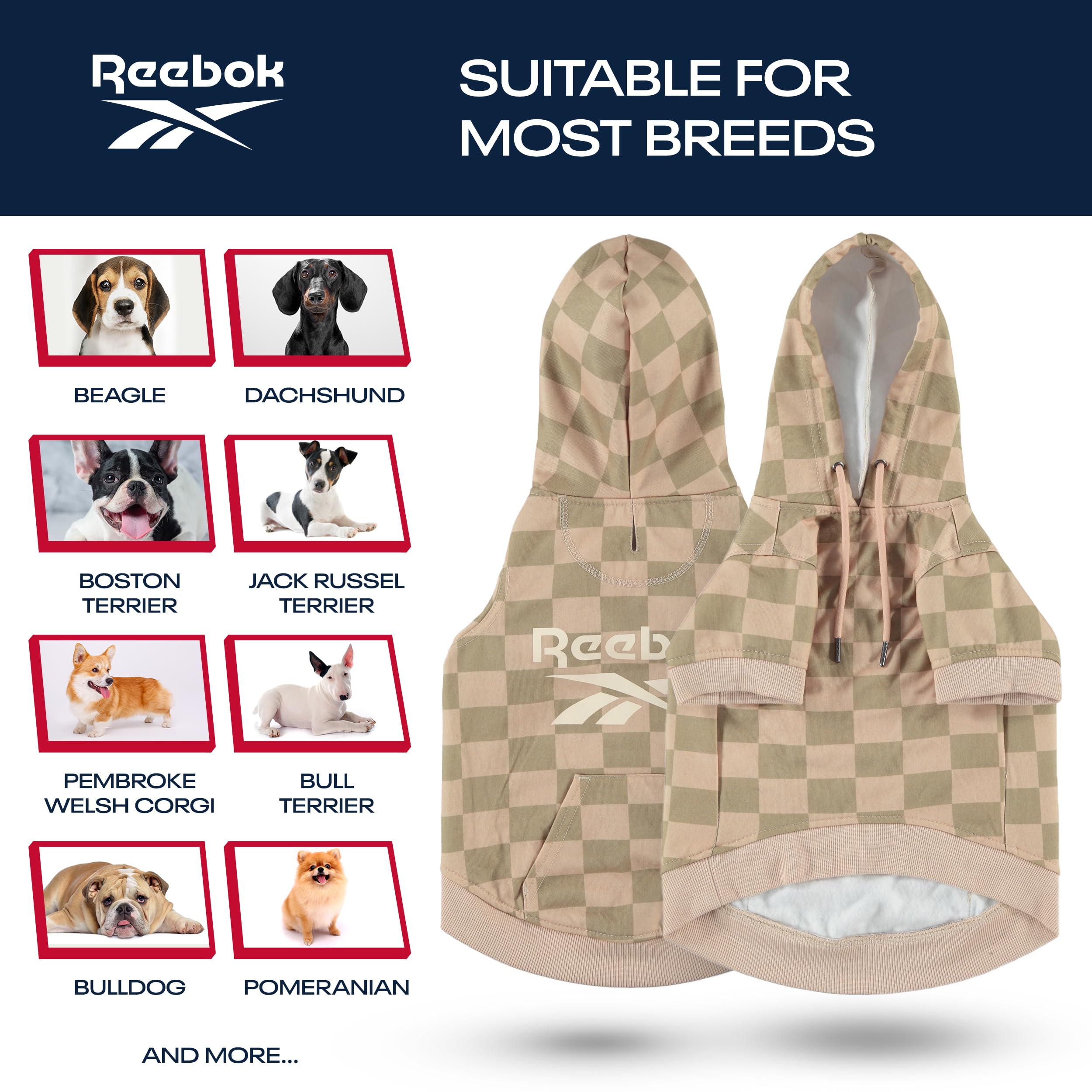 Reebok Fleece Dog Hoodie Sweater with Leash Hole - Warm Winter Dog Clothes for Small, Medium & Large Dogs | Cozy Pullover Hoodie for Fall & Christmas Outfits | Perfect for Cold Weather Walks & Holiday Photos