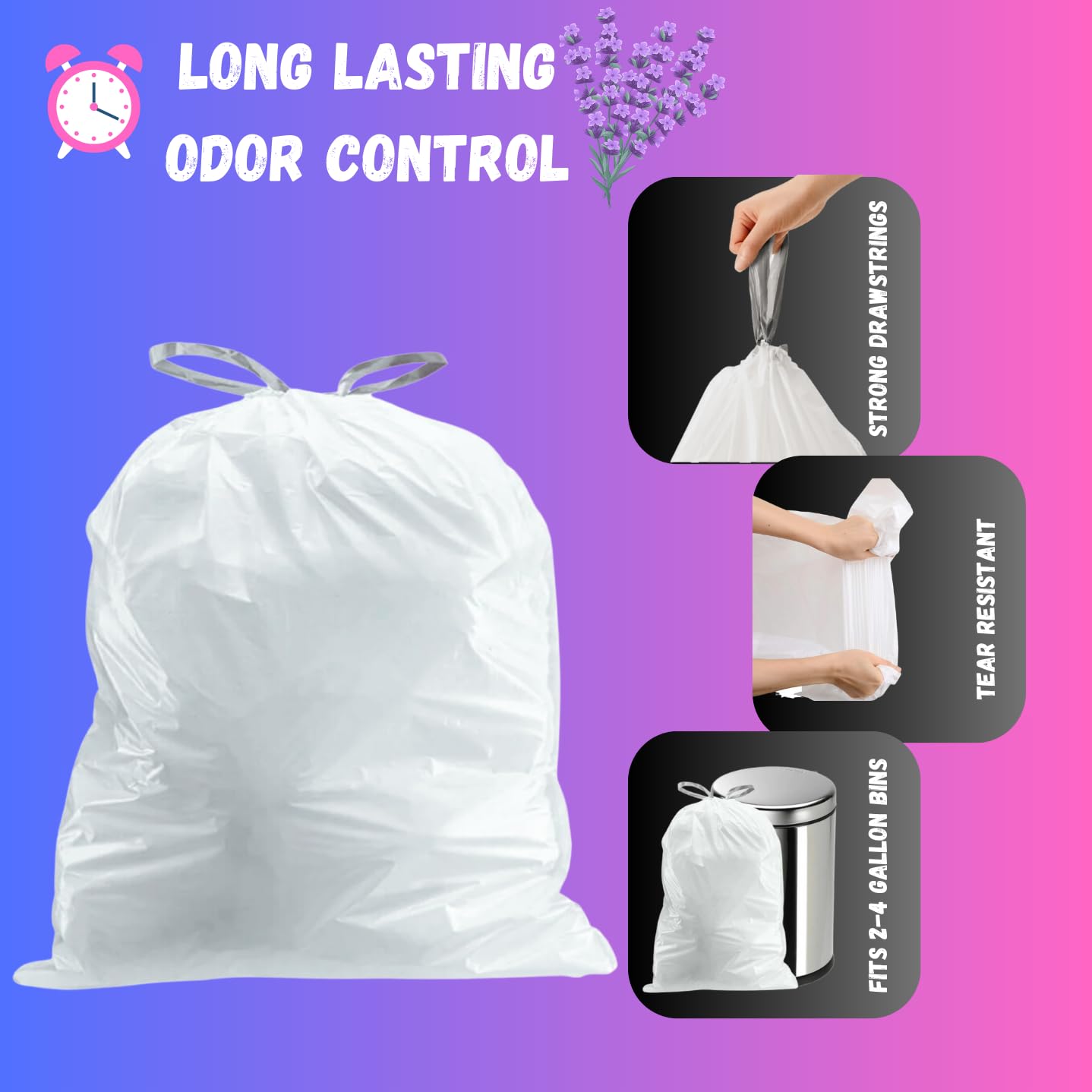 4 Gallon Lavender Scented Drawstring Trash Bags - 120 Count Small Bathroom Garbage Can Liners for Home, Office, Kitchen & Bedroom Waste Bins - Fresh Scented Odor Control for Daily Use