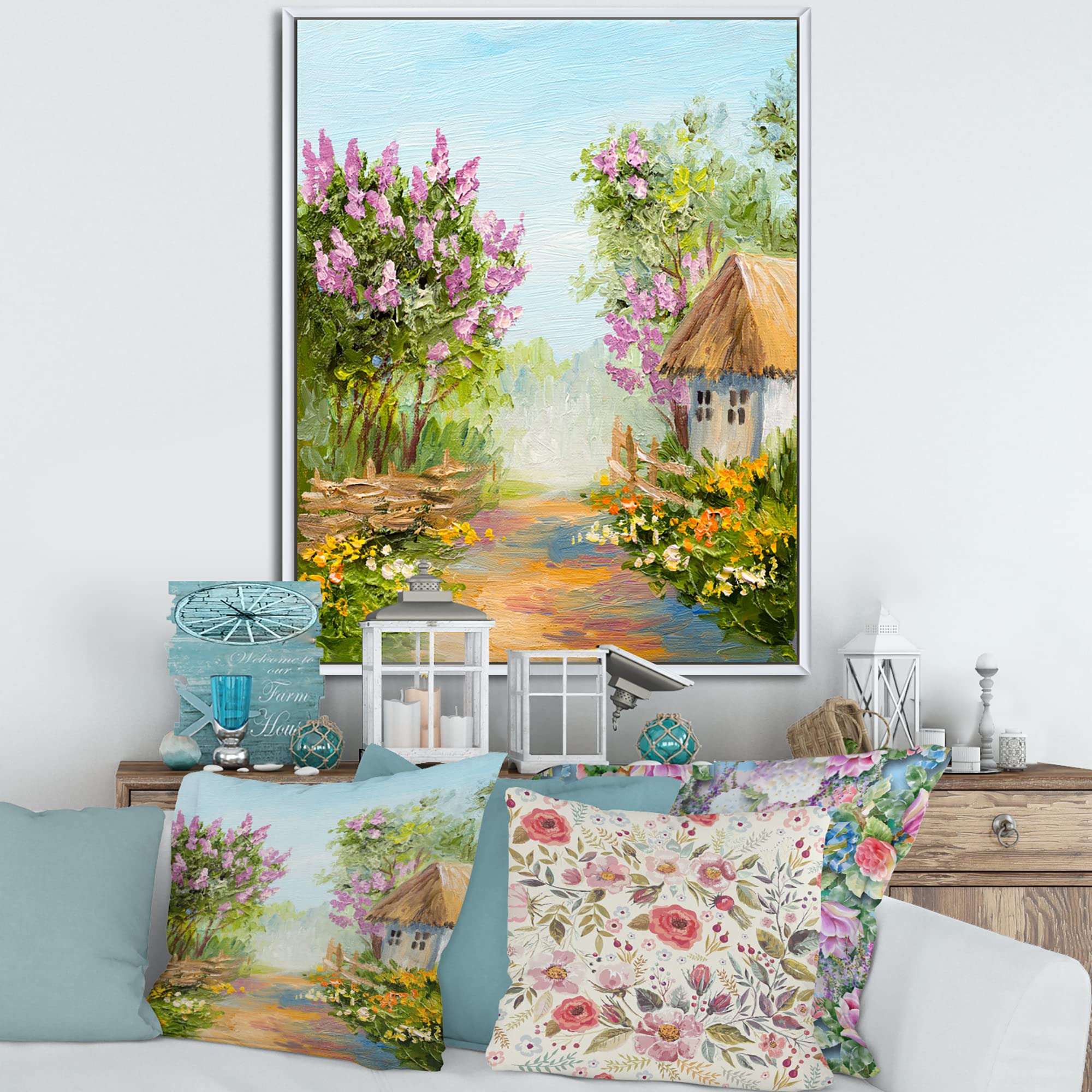 DesignQ Little House In The Blossoming Forest - Lake House Framed Canvas Wall Art Print for Living Room, Bedroom & Office Decor - Nature Landscape Painting for Home Interior Design