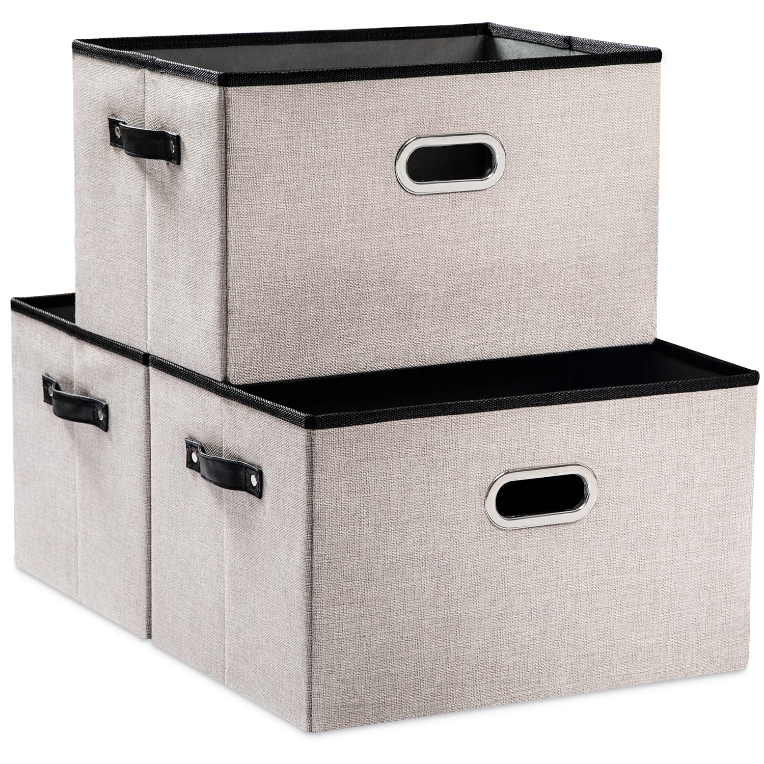 PRANDOM Large Collapsible Storage Bins [3-Pack] - Linen Fabric Storage Baskets with Leather/Metal Handles for Closet, Living Room, Bedroom - Light Grey (17.3x12.2x10.4 Inch) - Perfect for Organizing Toys, Blankets & Home Decor