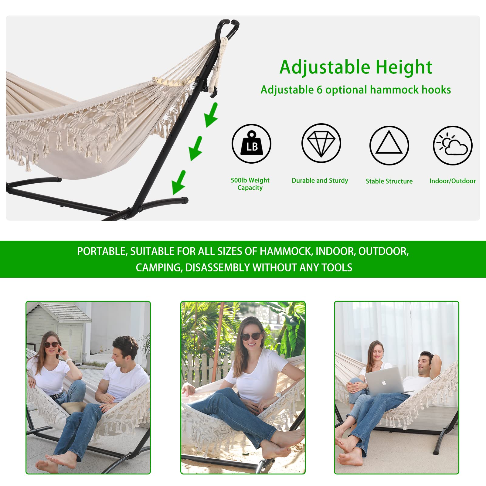 Premium Double Hammock with Stand - Heavy Duty Stainless Steel Frame, Upgraded Phone Holder & Carrying Case - Indoor/Outdoor Use for Patio, Yard, Beach & Camping (2022 Beige)