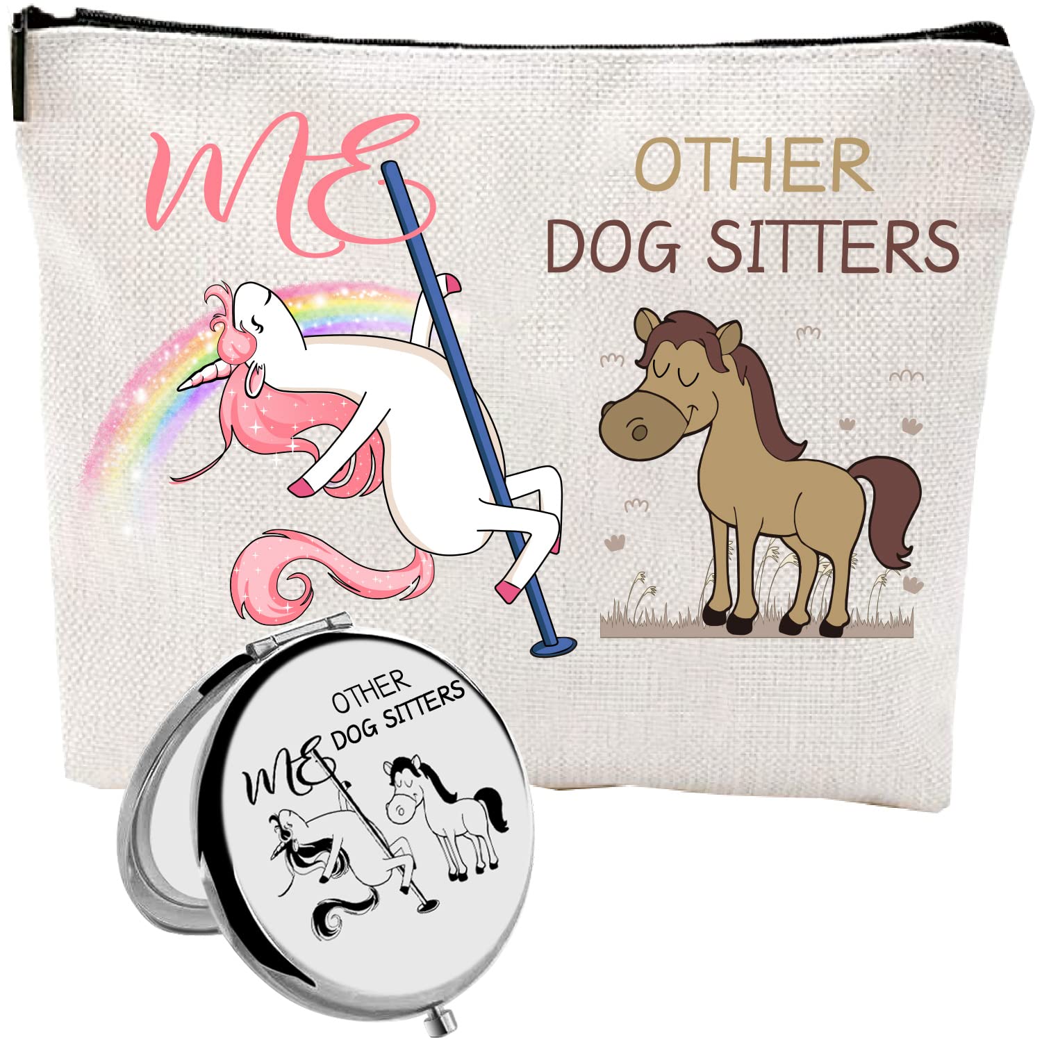 Dog Sitter Gift Set - Cute Zipper Makeup Bag, Travel Toiletry Pouch & Compact Mirror | Perfect Thank You Gift for Pet Caregivers | Great for Dog Walking, Pet Sitting & Grooming Professionals