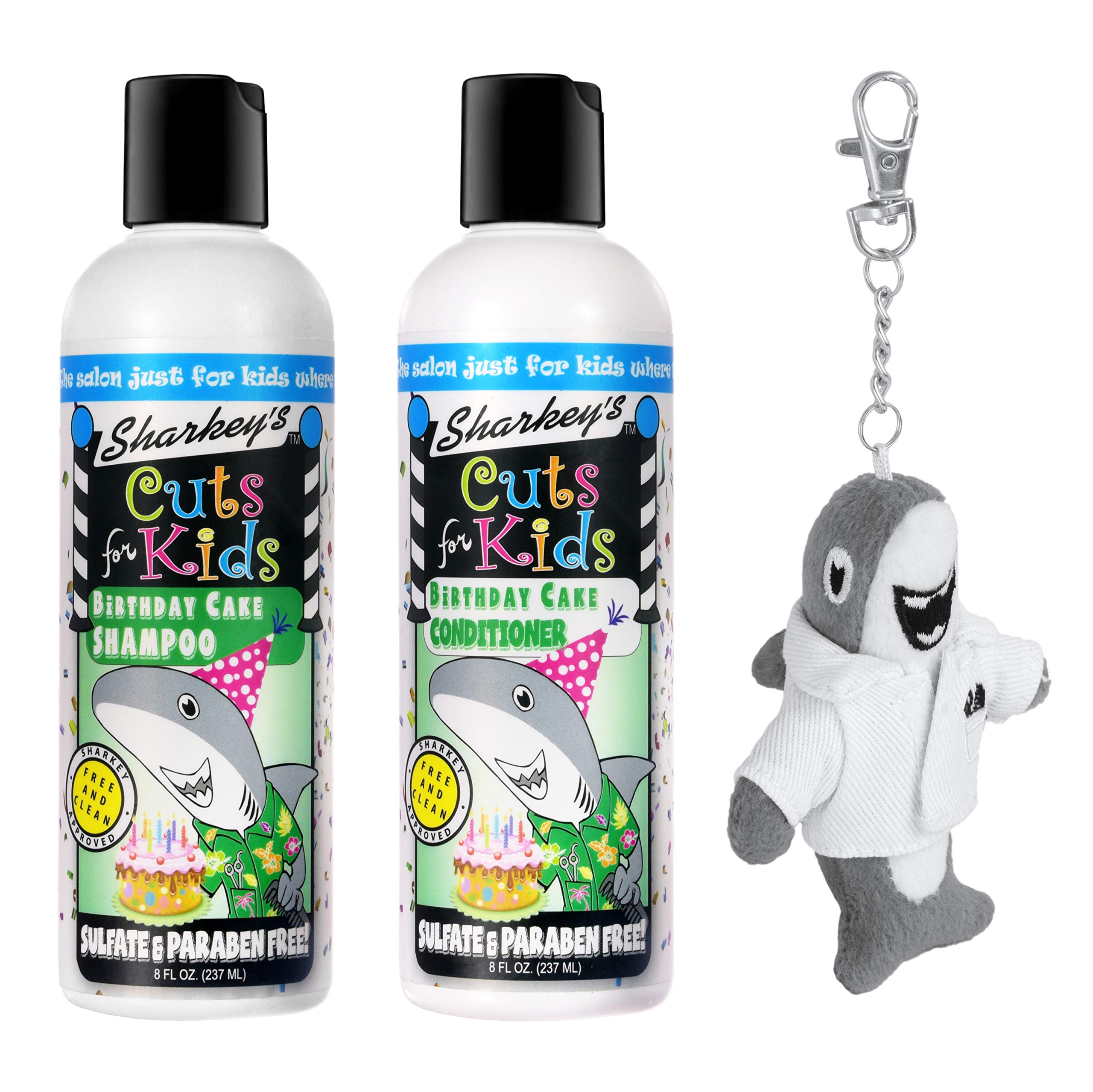 Sharkey's Birthday Cake Scented Kids Shampoo & Conditioner Set with Baby Shark Plush Backpack Clip - Sulfate Free, Paraben Free for Gentle Hair Care | Perfect for Kids Bath Time, Travel & School Accessories