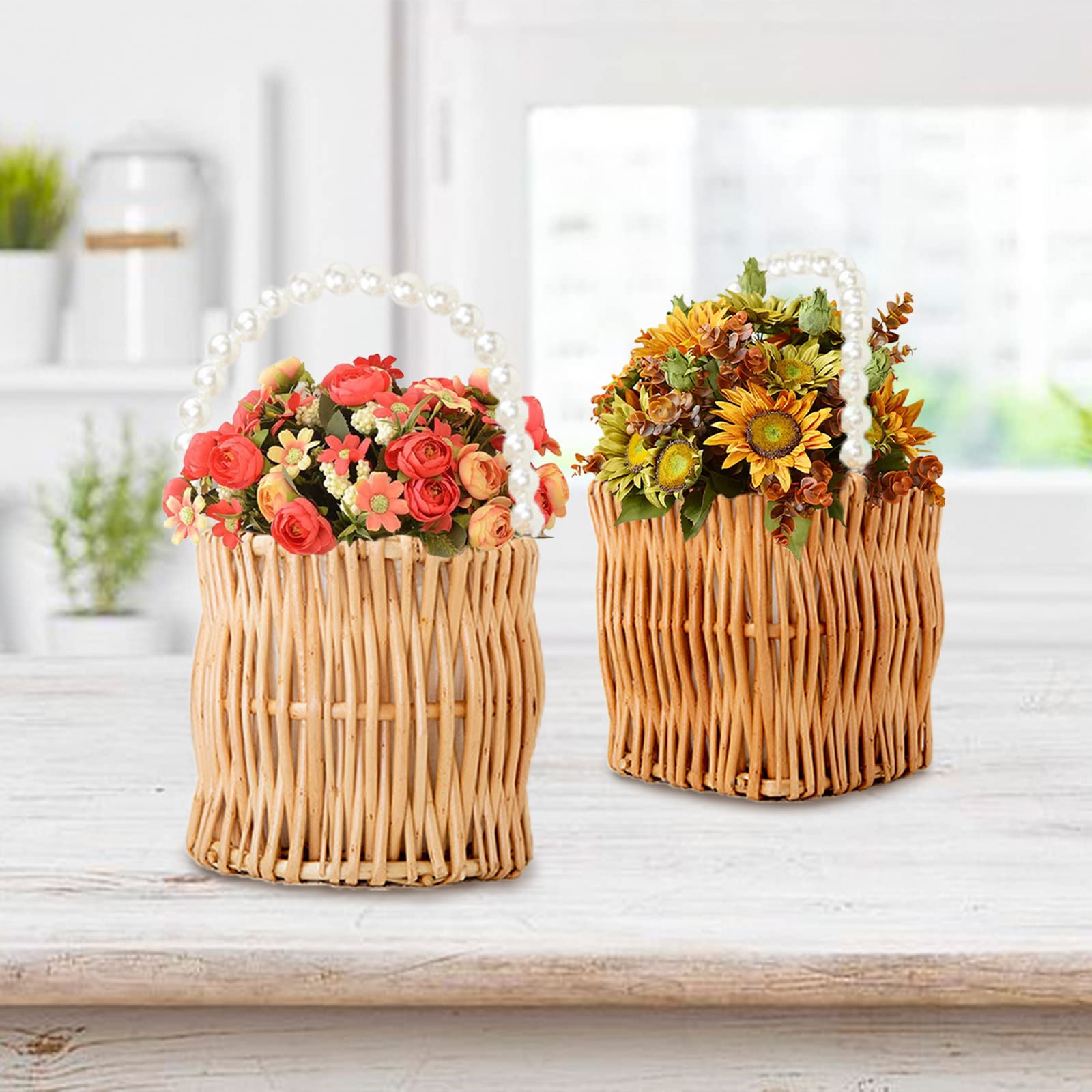 Heart-Shaped Wicker Rattan Flower Girl Basket with Pearl Handle - Handwoven Wedding, Fairy & Easter Basket for Flower Girls | Perfect for Weddings, Garden Parties & Special Occasions