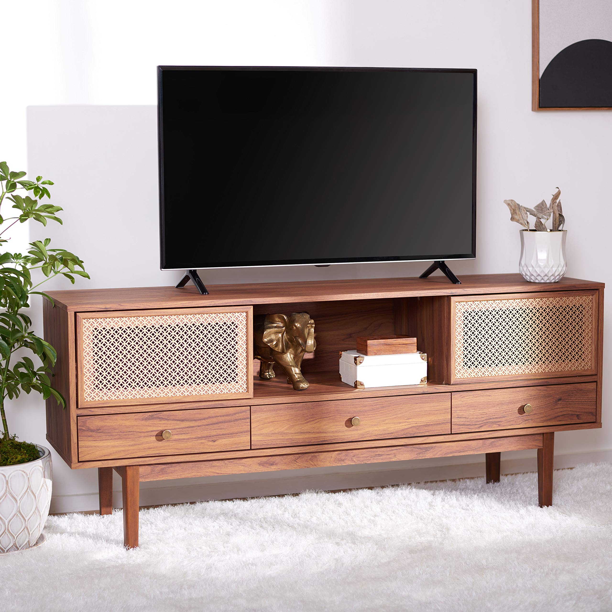 SAFAVIEH Home Collection Ceu Walnut and Gold 3-Drawer 1-Shelf TV Stand for Flat Screens up to 65 Inches - Modern Media Console for Living Room, Bedroom & Home Theater Storage