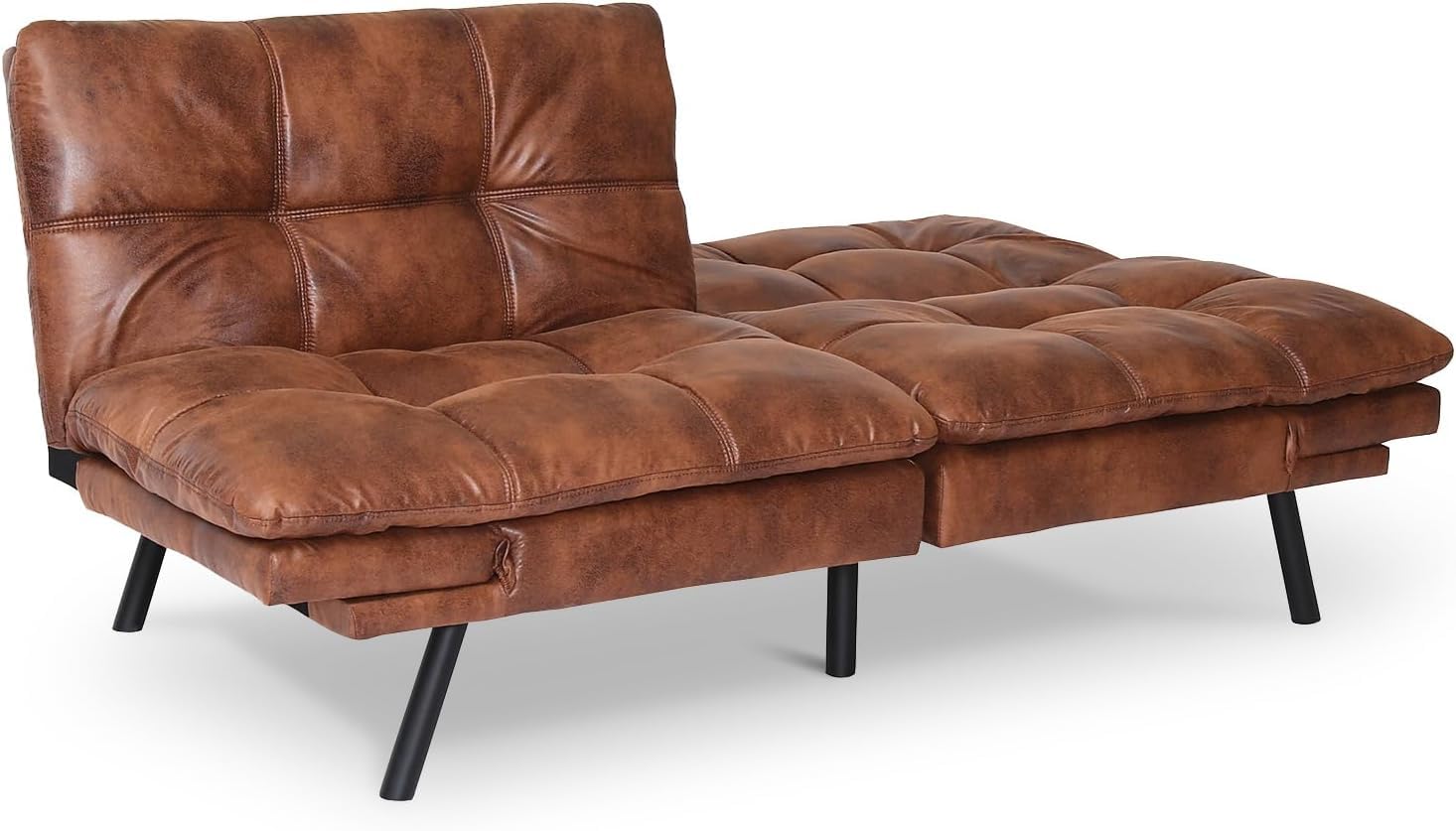 Hcore Leather Futon Couch - Foldable Loveseat Sofa Bed in Natural Brown for Small Spaces, Guest Room & Apartment Living