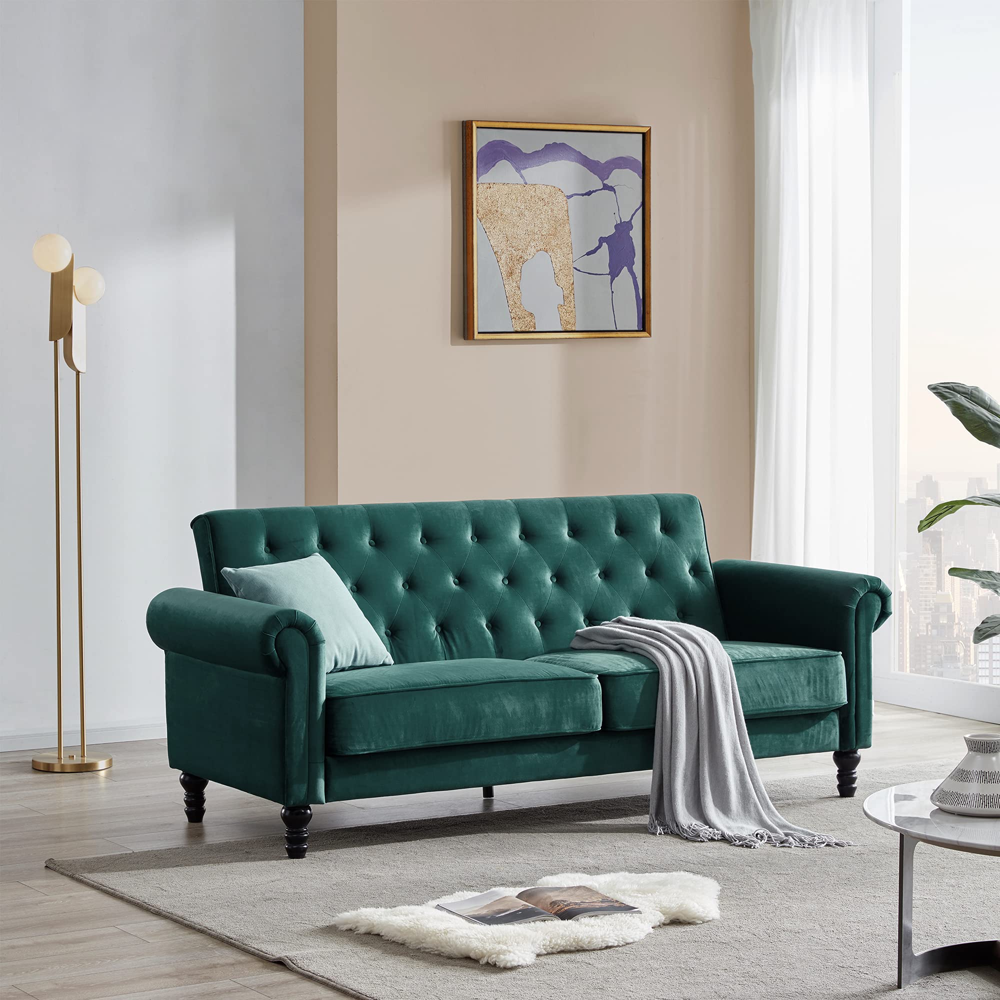 Mid Century Modern Green Velvet Loveseat Sofa - Tufted Upholstery with Solid Wood Frame & Easy Assembly | Perfect for Living Room, Apartment & Bedroom Decor