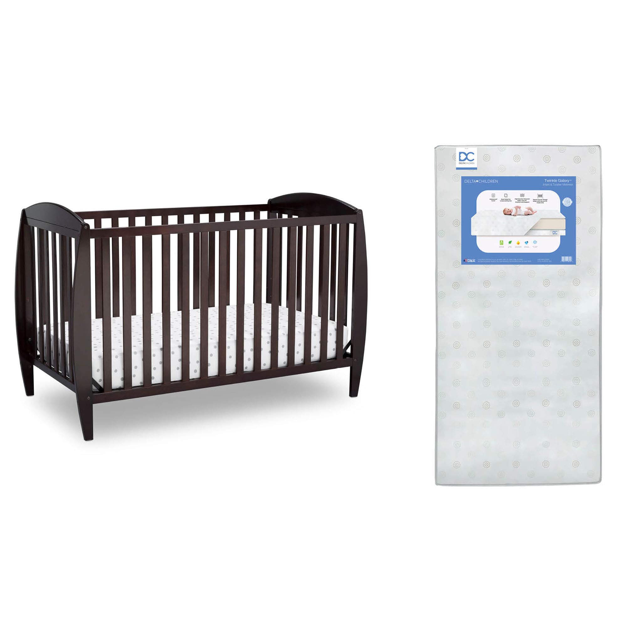 Delta Children Twinkle 4-in-1 Convertible Baby Crib with Toddler Mattress - Sustainable New Zealand Pine Wood in Dark Chocolate Finish & Dual-Sided Recycled Fiber Core Mattress - Perfect for Nursery, Bedroom, and Growing Toddlers