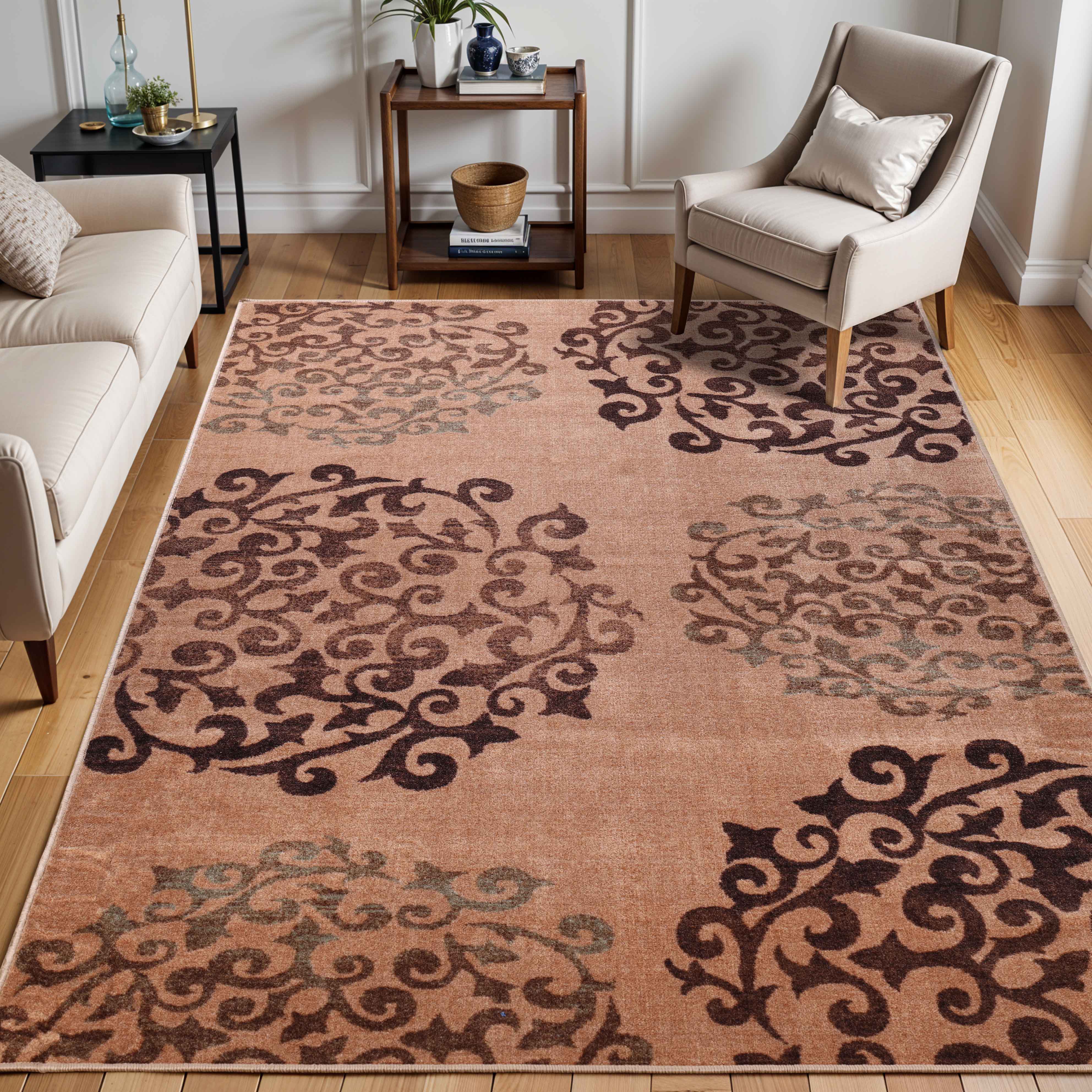 Non-Slip Washable Amber Floral Scroll Indoor Area Rug or Runner - Perfect for Living Room, Bedroom, and Hallway Decor
