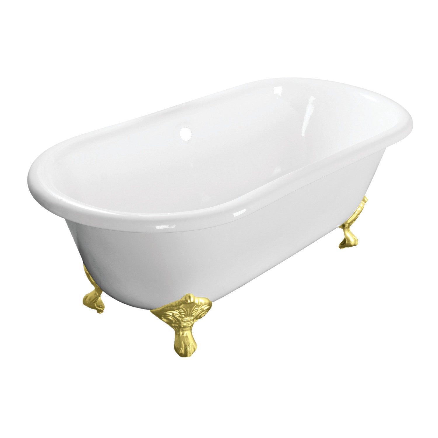 Aqua Eden 60 Inch White Cast Iron Clawfoot Bathtub - Oval Double Ended Freestanding Soaking Tub with Polished Brass Feet (No Faucet Drillings) | Perfect for Vintage Bathroom, Spa Retreat & Luxury Home Decor