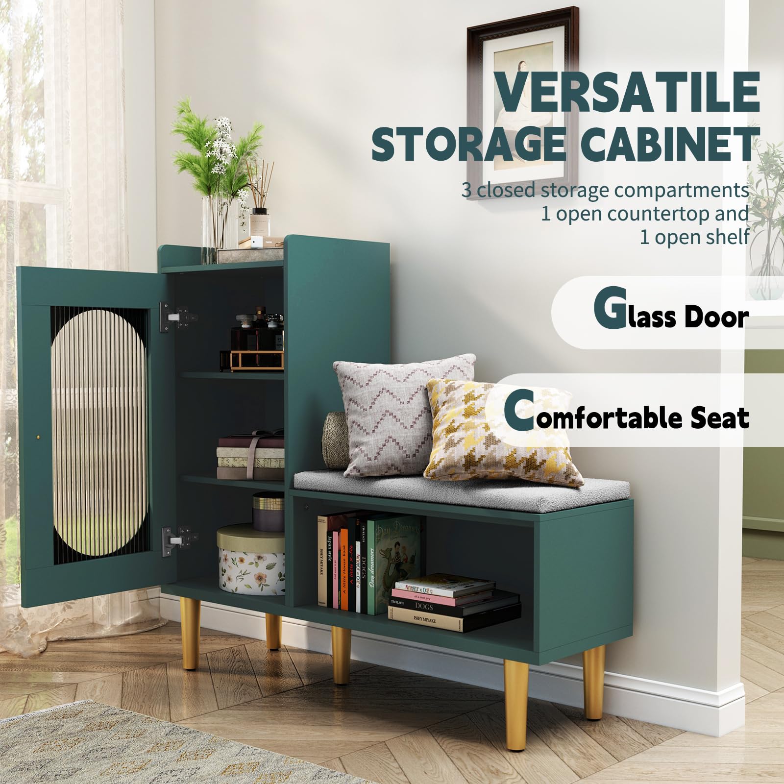 Modern HLR Storage Bench with Glass Door & Shelf - L-Shaped Entryway Shoe Cabinet with Padded Seat, Green Storage Cabinet for Hallway, Bedroom, Living Room & Office - Perfect for Small Space Organization & Entryway Seating
