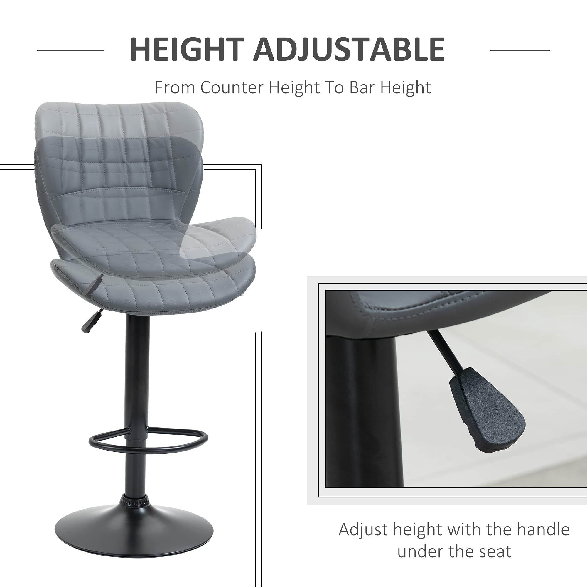 HOMCOM Adjustable Height Swivel Bar Stools Set of 2 - PU Leather Counter Stools with Backrest & Footrest, Grey - Perfect for Kitchen Island, Home Bar & Breakfast Nook