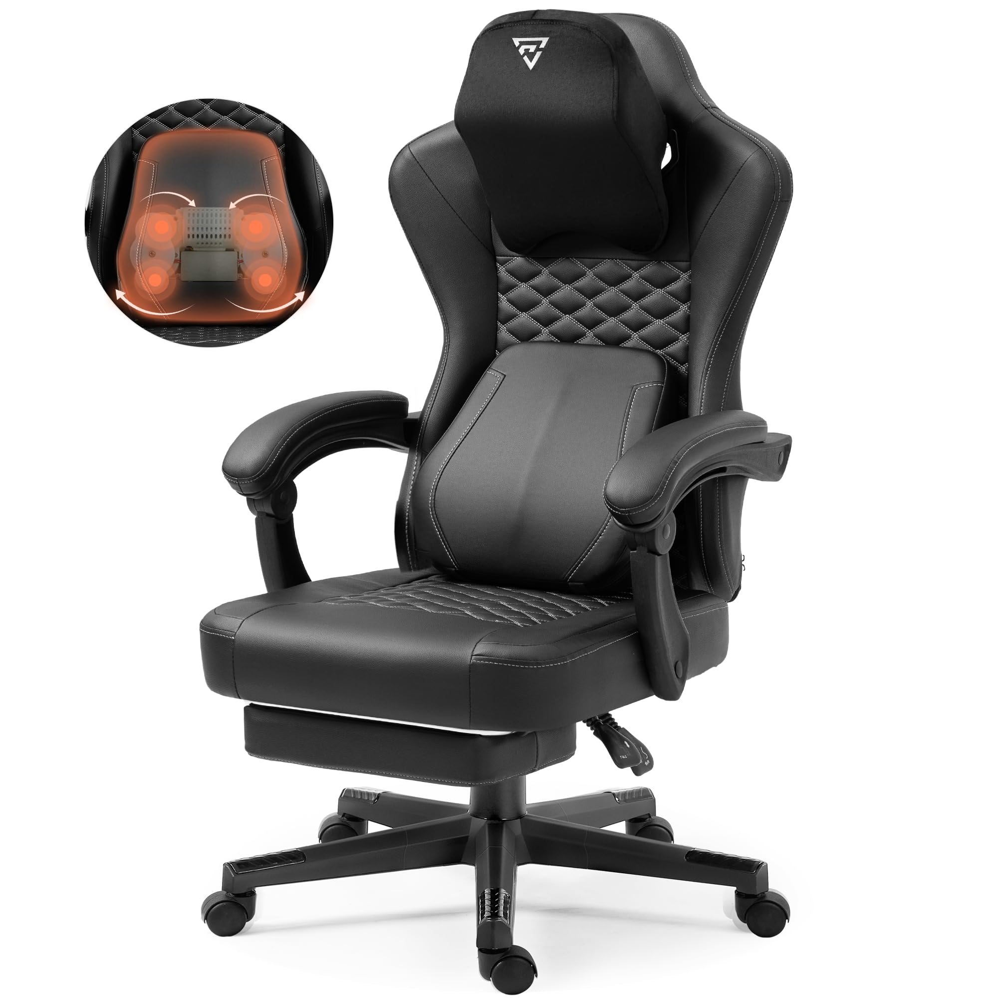 Premium Ergonomic Gaming Chair with Heated Massage & Lumbar Support - Reclining High-Back PC Chair with Pocket Spring Cushion & Footrest for Adults (330lbs Weight Capacity, Black) - Perfect for Esports, Office Work & Home Gaming Setup
