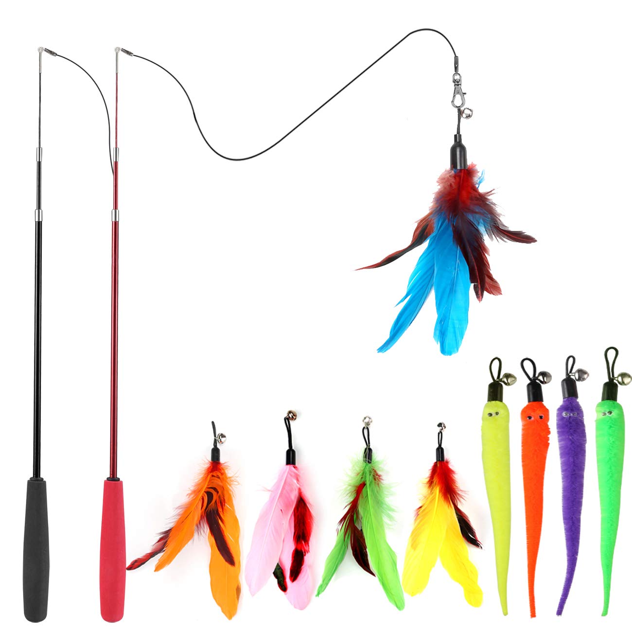 MeoHui 2PCS Retractable Cat Wand Toy with 9PCS Feather Refills - Interactive Kitten Teaser Toy for Indoor Cats - Perfect for Play, Chase & Exercise - Great for Bonding & Stimulating Natural Hunting Instincts