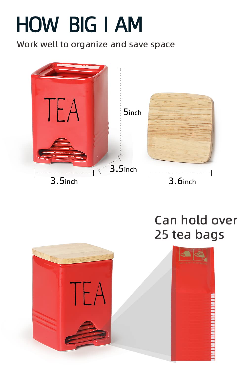 Farmhouse Ceramic Tea Bag Storage Organizer with Lid - Red | Airtight Tea Bag Holder for Kitchen Countertop, Pantry & Office | Perfect for Loose Leaf Tea, Herbal Tea & Coffee Pods