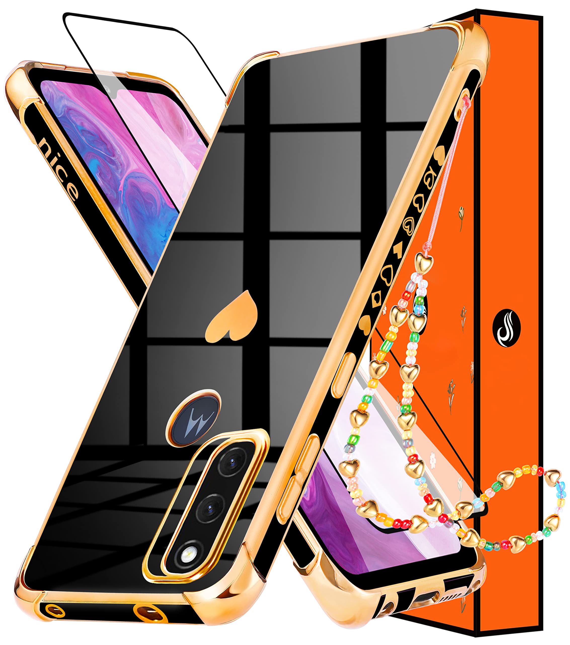 3-in-1 Luxury Heart Pattern Phone Case for Motorola Moto G Pure 2021 (6.5 Inch) - Cute Aesthetic Love Design with Screen Protector & Chain - Perfect Gift for Women & Girls (Black/Gold) | Everyday Protection & Stylish Accessory