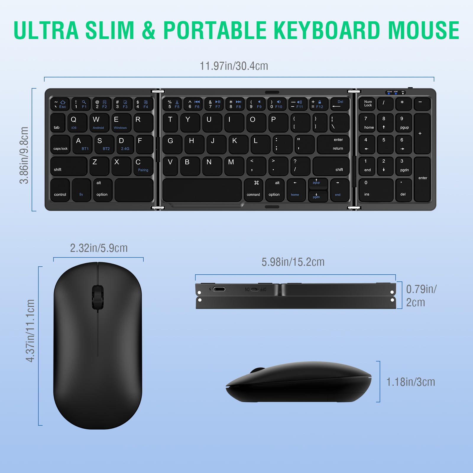 Foldable Wireless Keyboard and Mouse Combo - EDJO Portable 2.4G+Bluetooth Rechargeable Keyboard Mouse Set with Carrying Case for Windows/Mac/iOS/Android - Perfect for Travel, Office & Home Use with Laptop/PC/Tablet