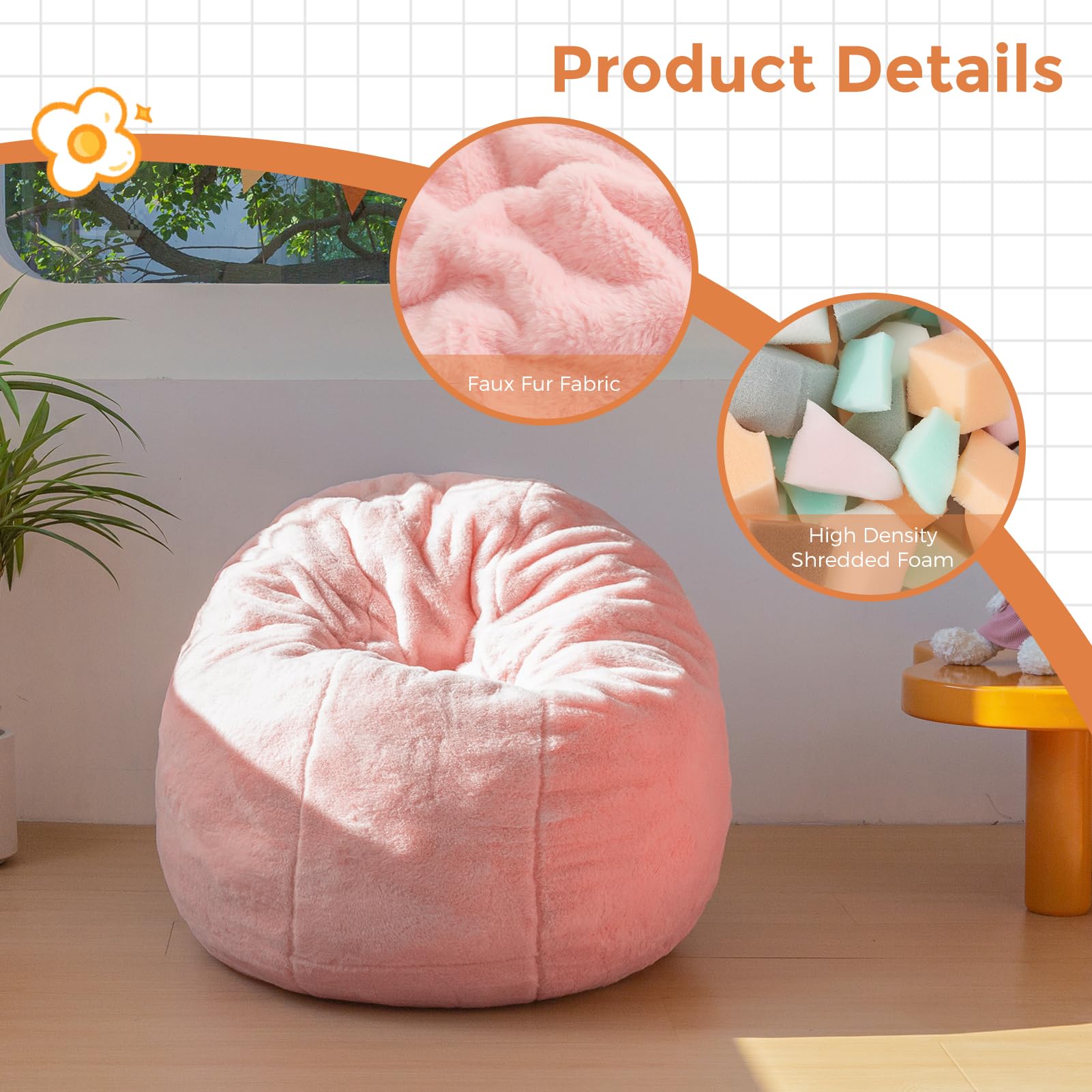 MAXYOYO 3-in-1 Kids Bean Bag Chair Bed - Convertible Faux Fur Floor Sofa for Children's Room, Gaming & Reading (Pink) | Perfect for Playroom, Bedroom & Dorm Decor
