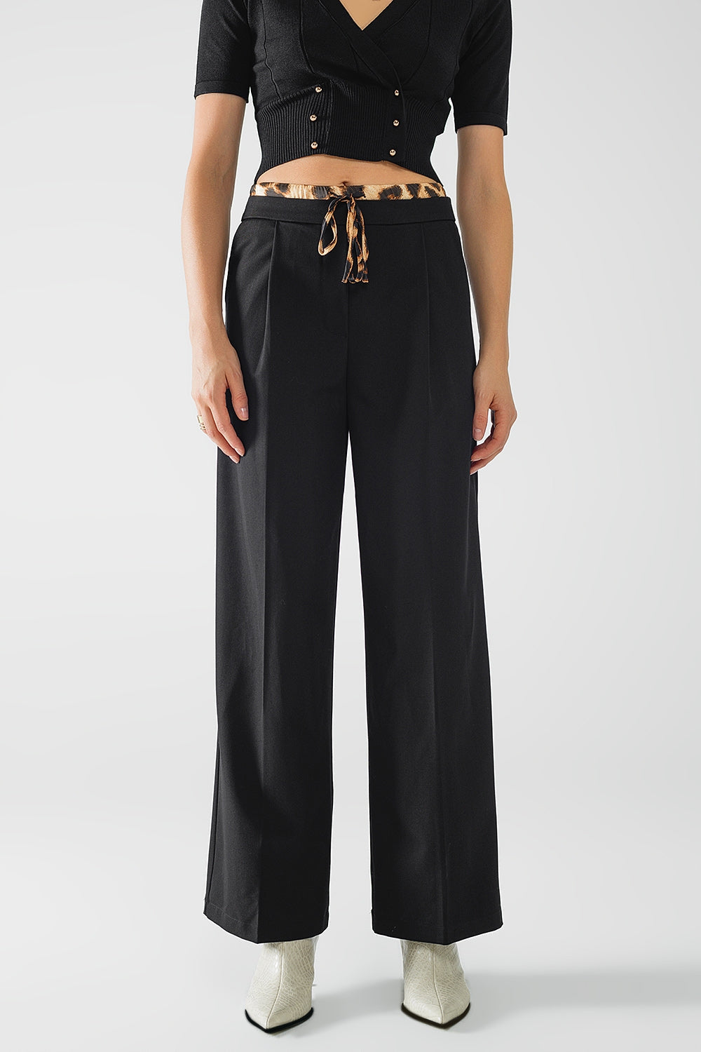 Black Pleated Long Pants with Leopard Waist Detail - Perfect for Office Wear, Casual Outfits & Evening Events