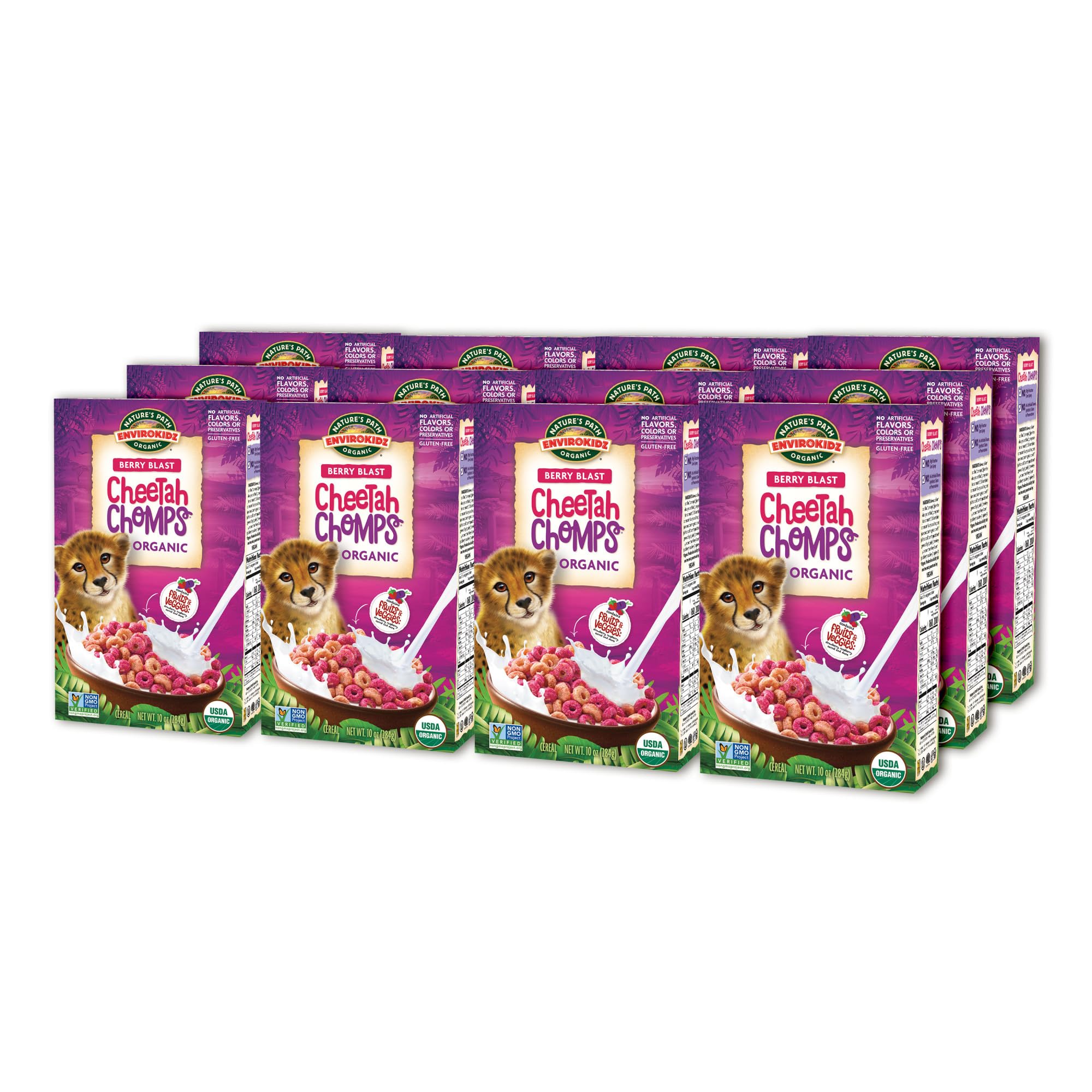 EnviroKidz Organic Cheetah Chomps Cereal - Berry Blast Flavor, Gluten Free & Non-GMO Breakfast Cereal, 10 oz (Pack of 12) by Nature's Path - Perfect for Kids' School Lunches & Healthy Family Breakfasts