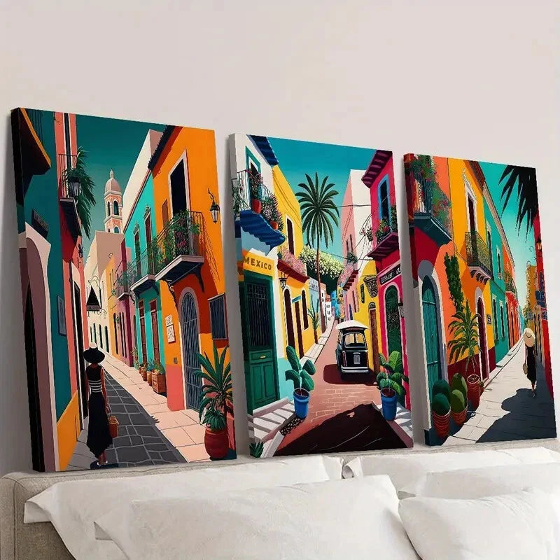 3-Piece Colorful Retro Mexican Street Art Canvas Wall Set - Framed 40x60cm (16x24in) High Quality Print | Authentic Australian Made | Ready to Hang for Living Room, Bedroom & Office Decor