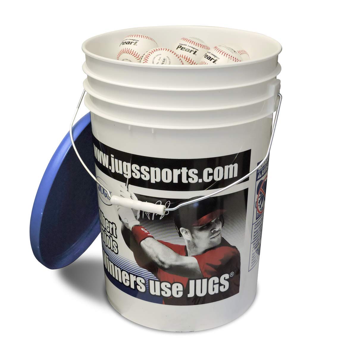 Jugs Bucket of Youth League Pearl Baseballs - 4 Dozen Leather Pitching Machine Baseballs with Pujols Bucket & Lid | Perfect for Baseball Practice, Training & Games