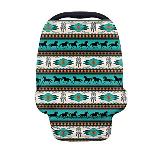 ORGYPET Multifunctional Baby Car Seat Cover & Nursing Scarf - Soft Breathable Stretchy Infant Canopy for Boys & Girls, Tribal Horse Design in Green | Perfect for Car Travel, Breastfeeding, and Outdoor Protection