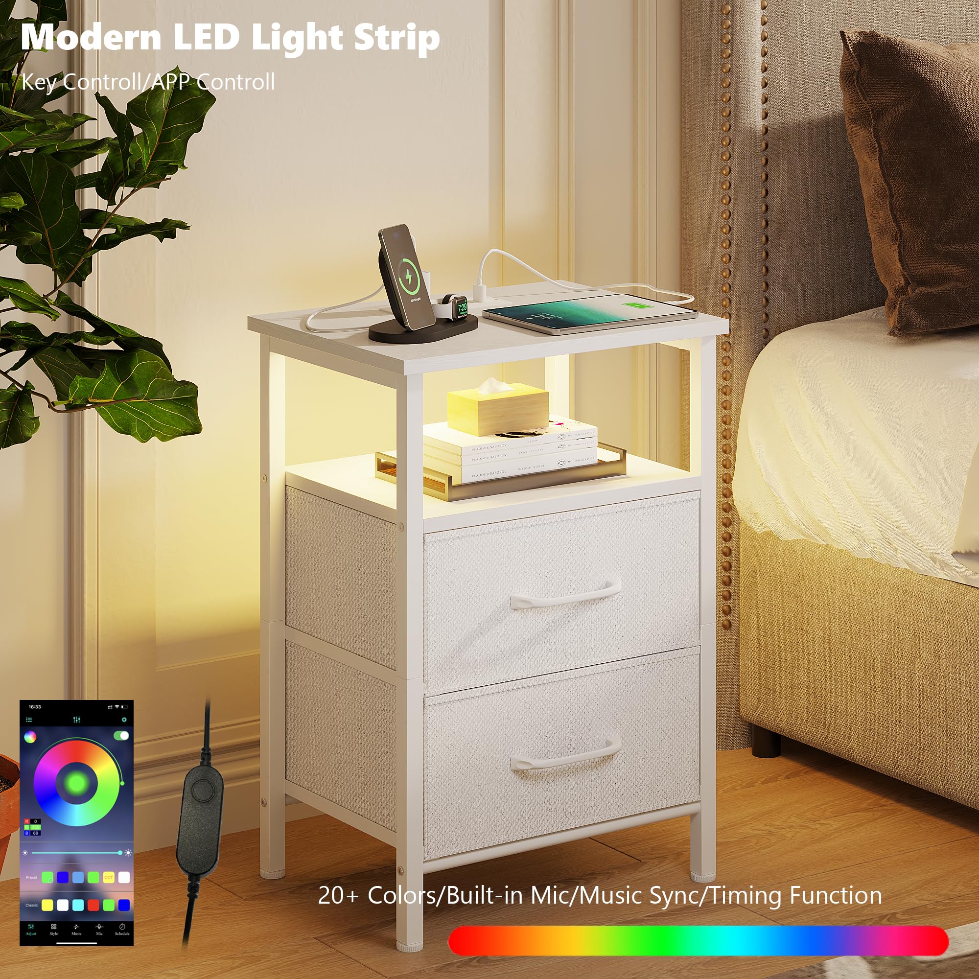 2-Piece Nightstand Set with USB Charging Station & LED Lights - Bedside Table with 2 Fabric Drawers & Open Shelf - White Small End Table for Bedroom - Perfect for Modern Bedrooms, Guest Rooms & Small Spaces