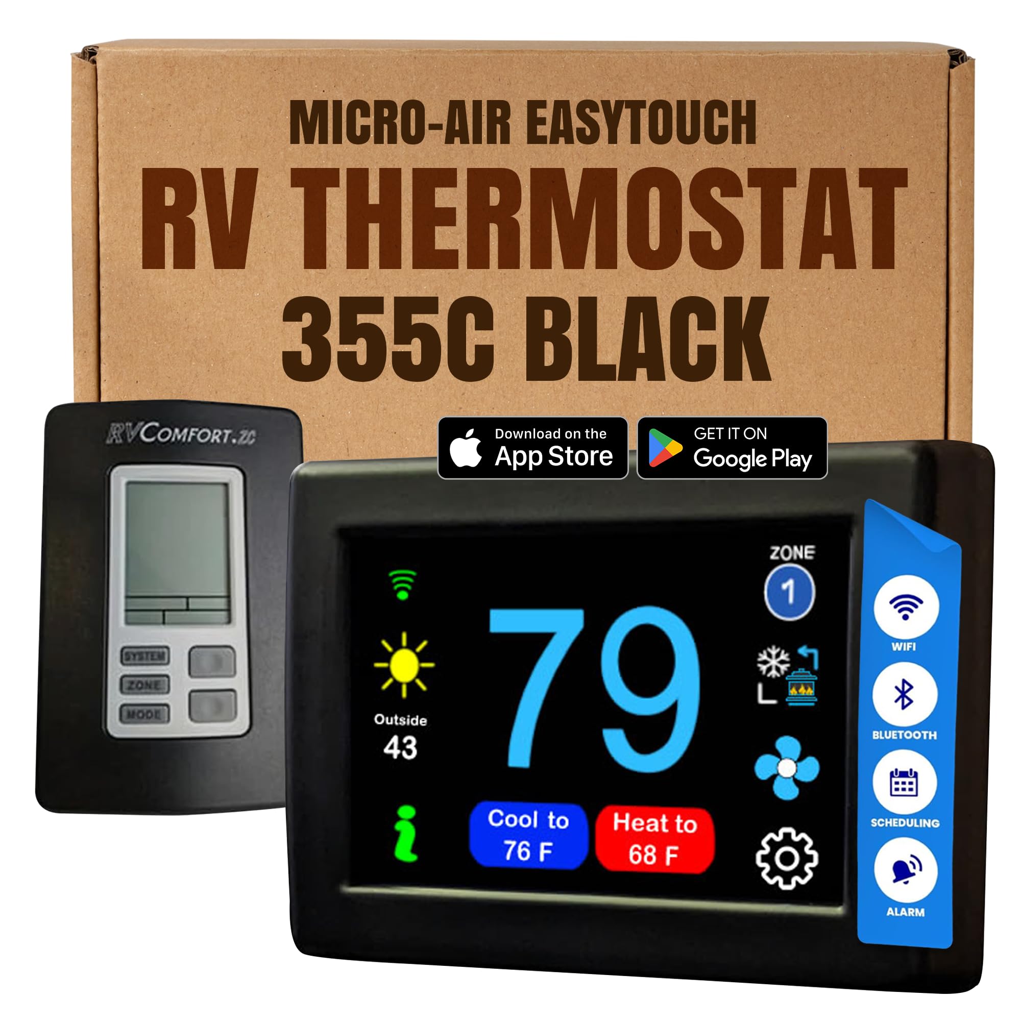 MICRO-AIR EasyTouch RV Touch Screen Thermostat with WiFi & Bluetooth - Smart Programmable Thermostat for RV Air Conditioner & Heating System - Compatible with Coleman HVAC (355C Black) - Perfect for Camping, Road Trips & RV Living