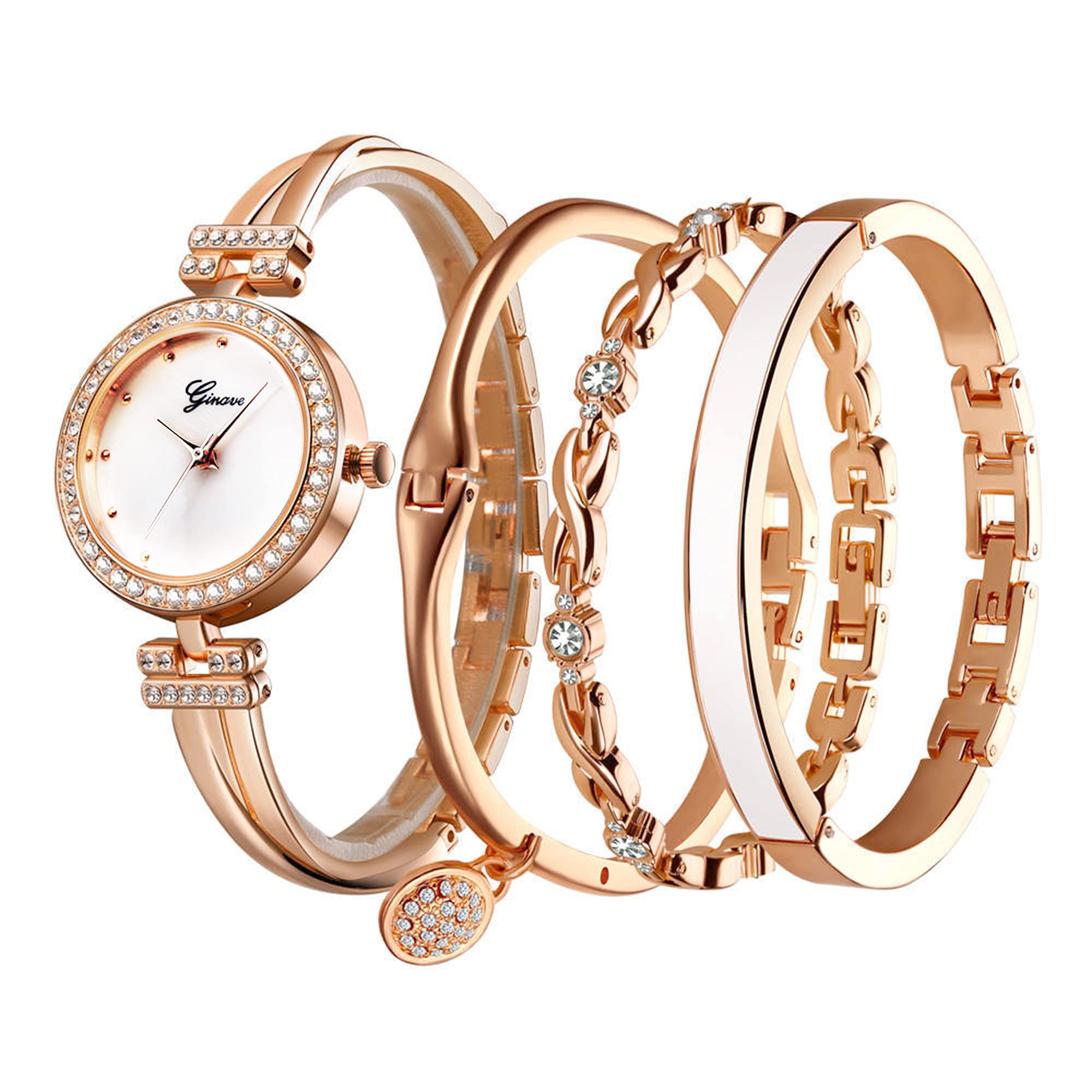 Elegant Rose Gold Women's Watch & Bracelet Set with Glitter White Dial & Rhinestones - Perfect Gift for Mom, Wife, or Girlfriend - Ideal for Parties, Weddings, and Special Occasions